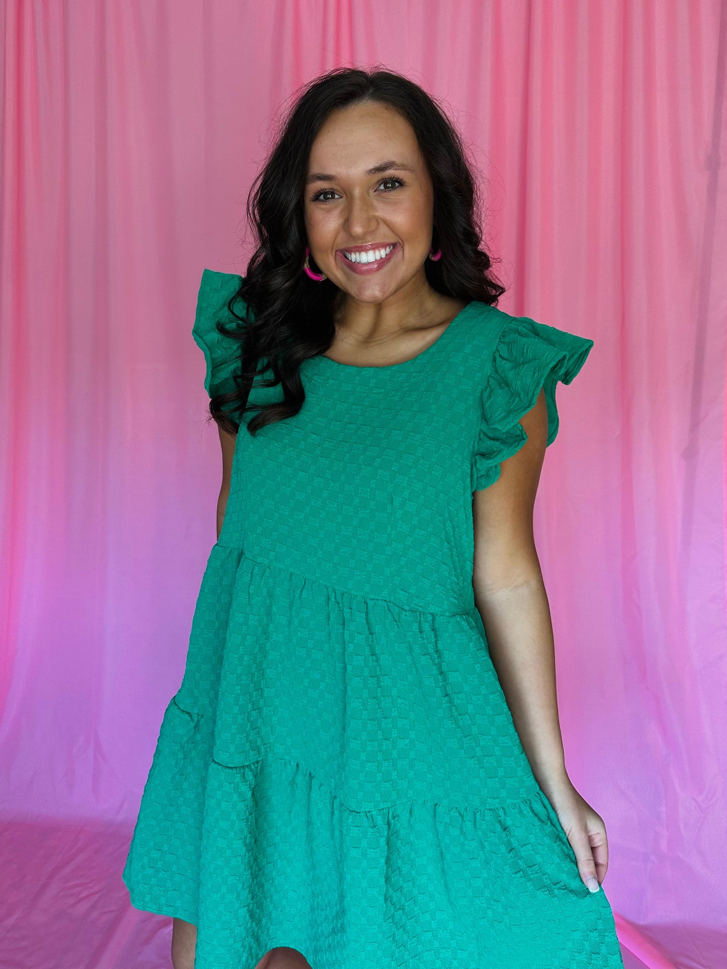 The Kodi Kelly Green Textured Tiered Swing Dress