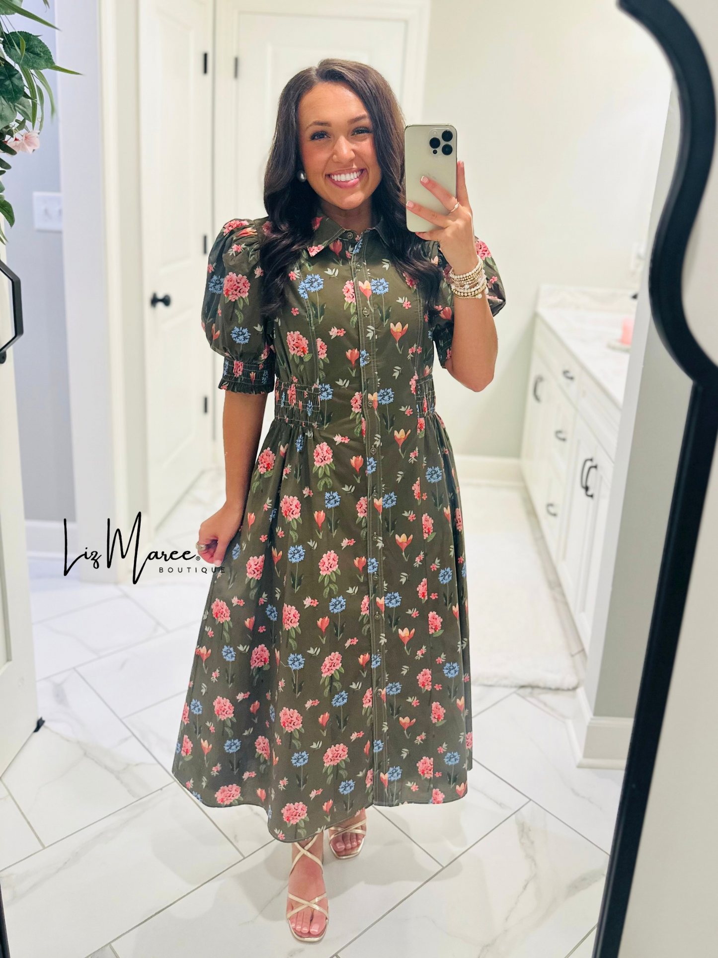 The Annie Olive Green Floral Midi Dress