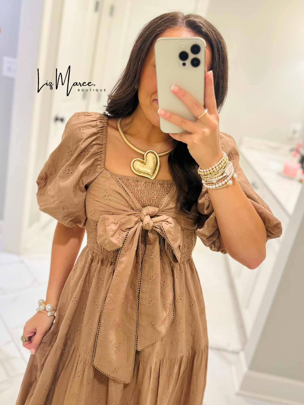 The Isabelle Light Brown Eyelet Bow Midi Dress