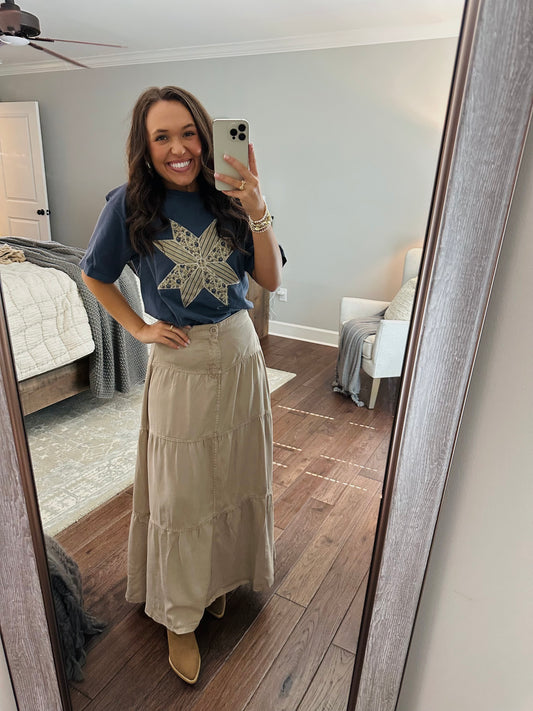The Taupe High Rise Tiered Maxi Skirt