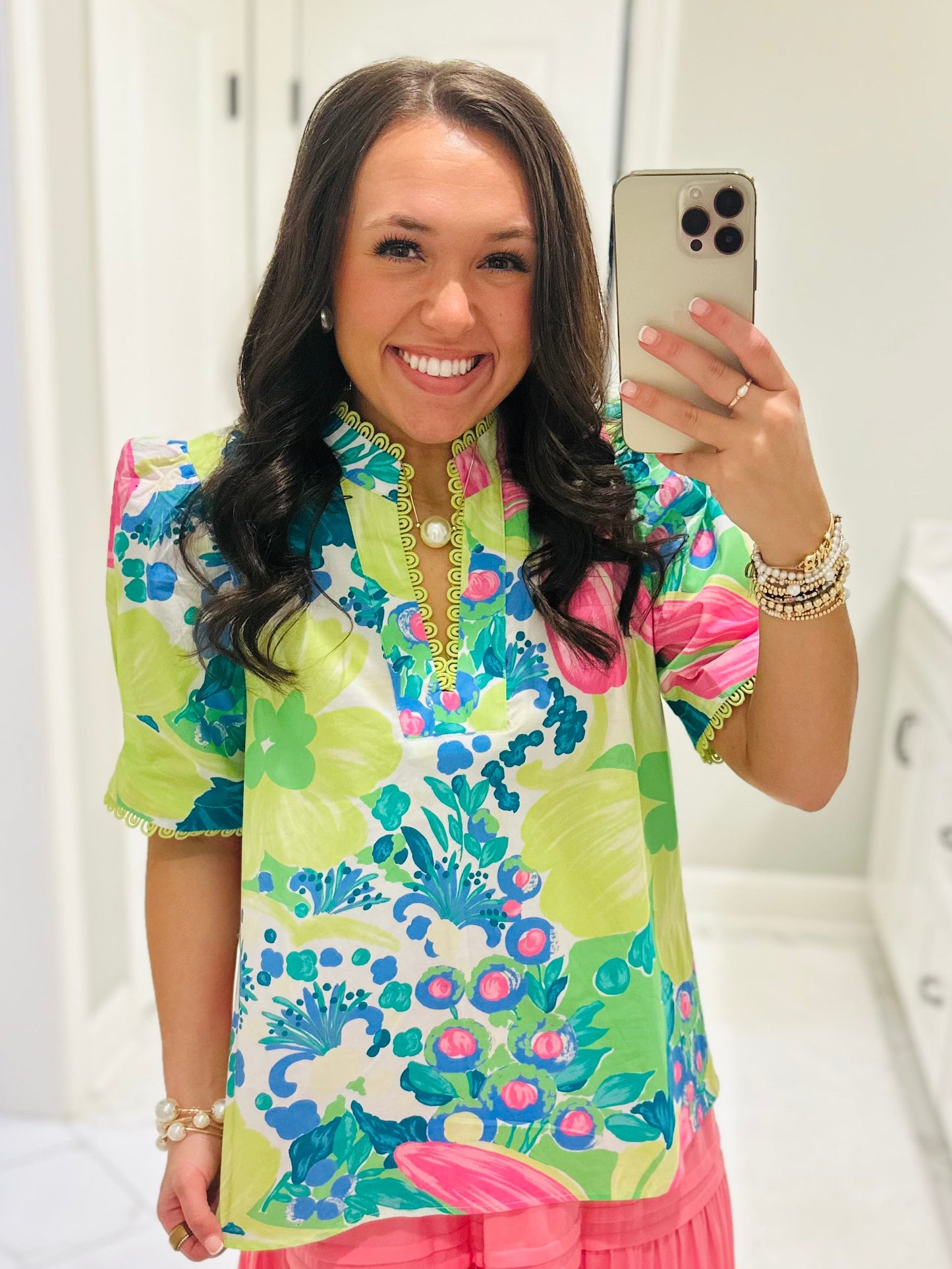 The Remi Lime Green Floral Scallop Trim Top