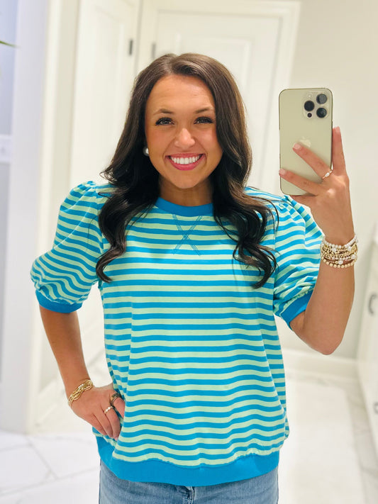 The Summer Blue + Lime Green Striped Puff Sleeve Top