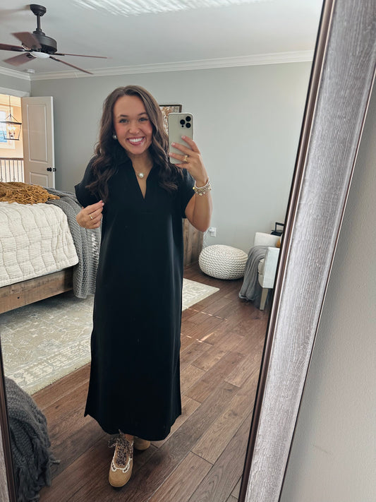 The Nola Black V-neck Midi Dress