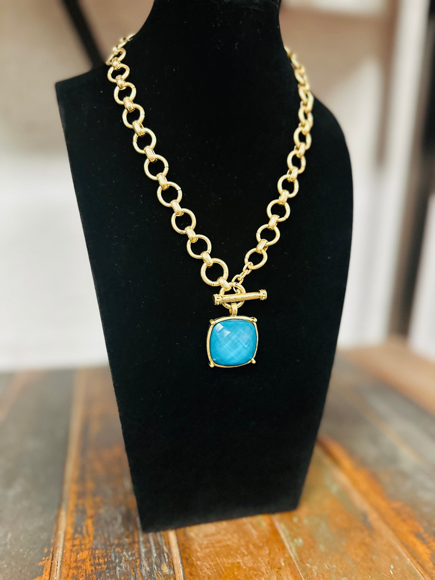 Teal Square Stone Pendant Necklace