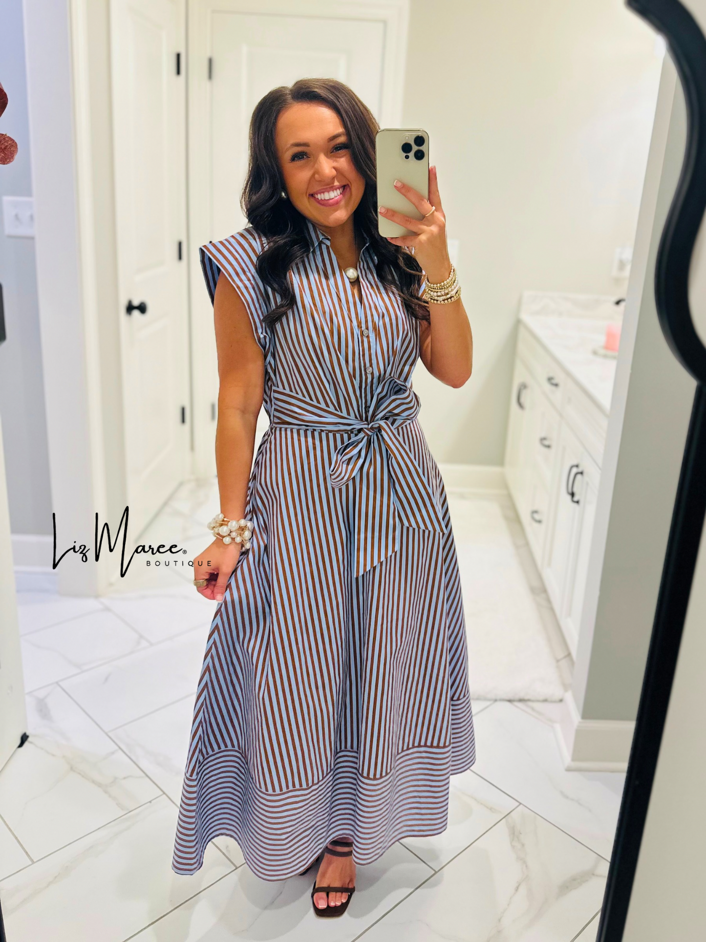 The Charity Blue + Brown Striped Midi Dress