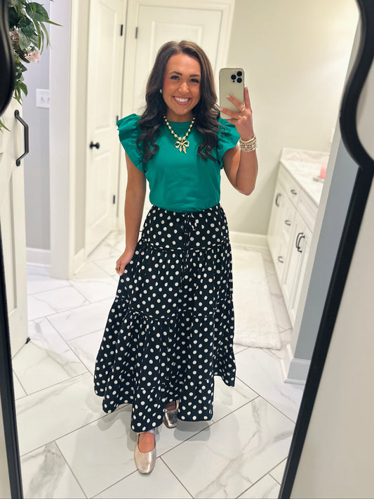 The Ryley Black Polka Dot Tiered Maxi Skirt
