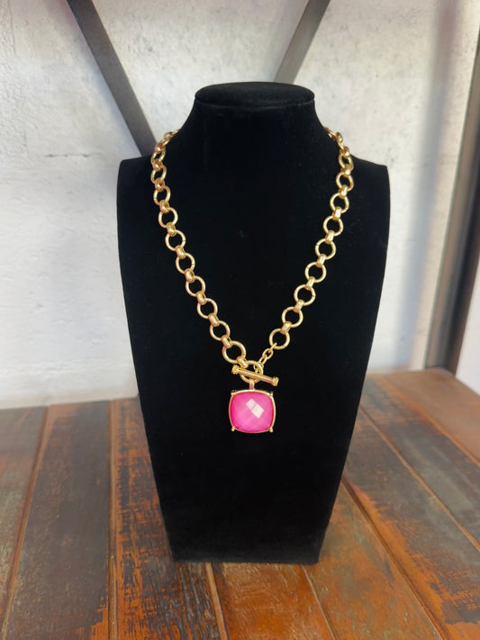 Pink Square Stone Pendant Necklace