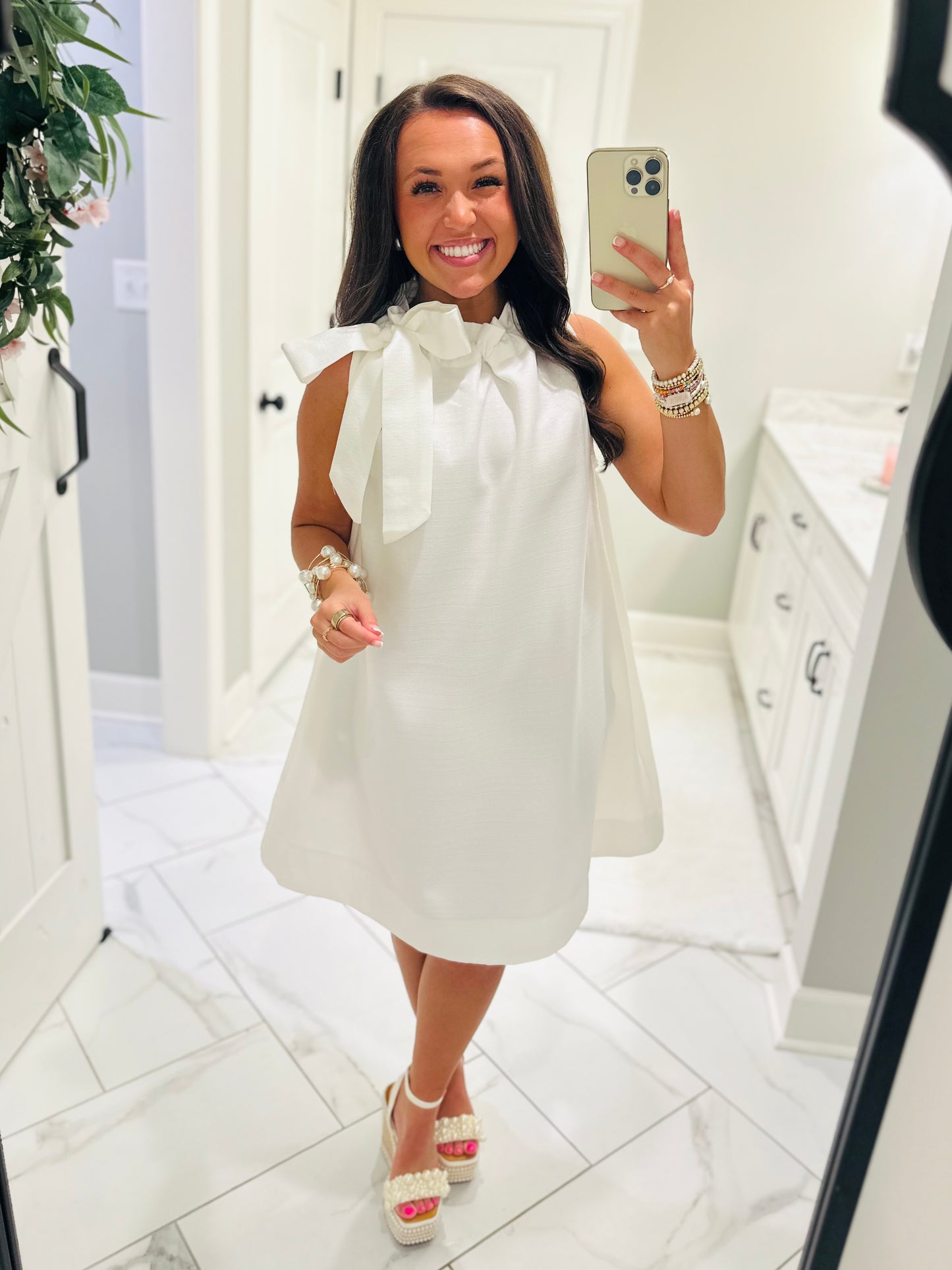 The Elizabeth White Tie Neck Shift Dress