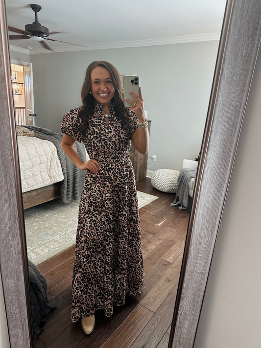The Elizabeth Leopard Print Puff Sleeve Midi Dress
