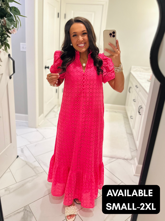 The Liz Hot Pink Eyelet Midi Dress
