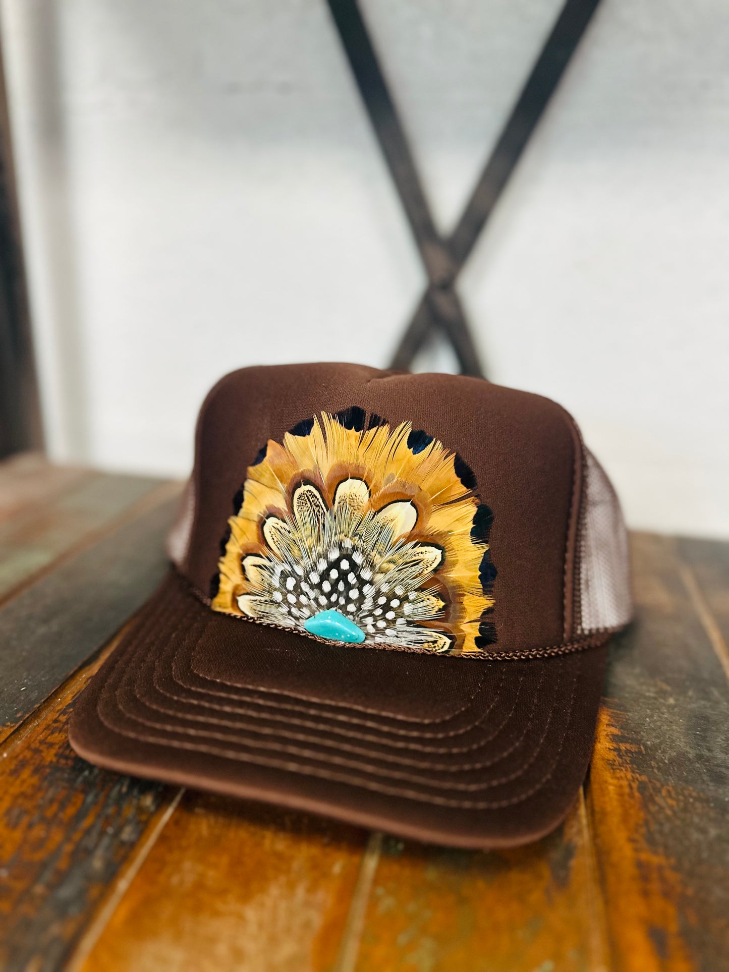 Brown Feather + Turquoise Stone Trucker Hat