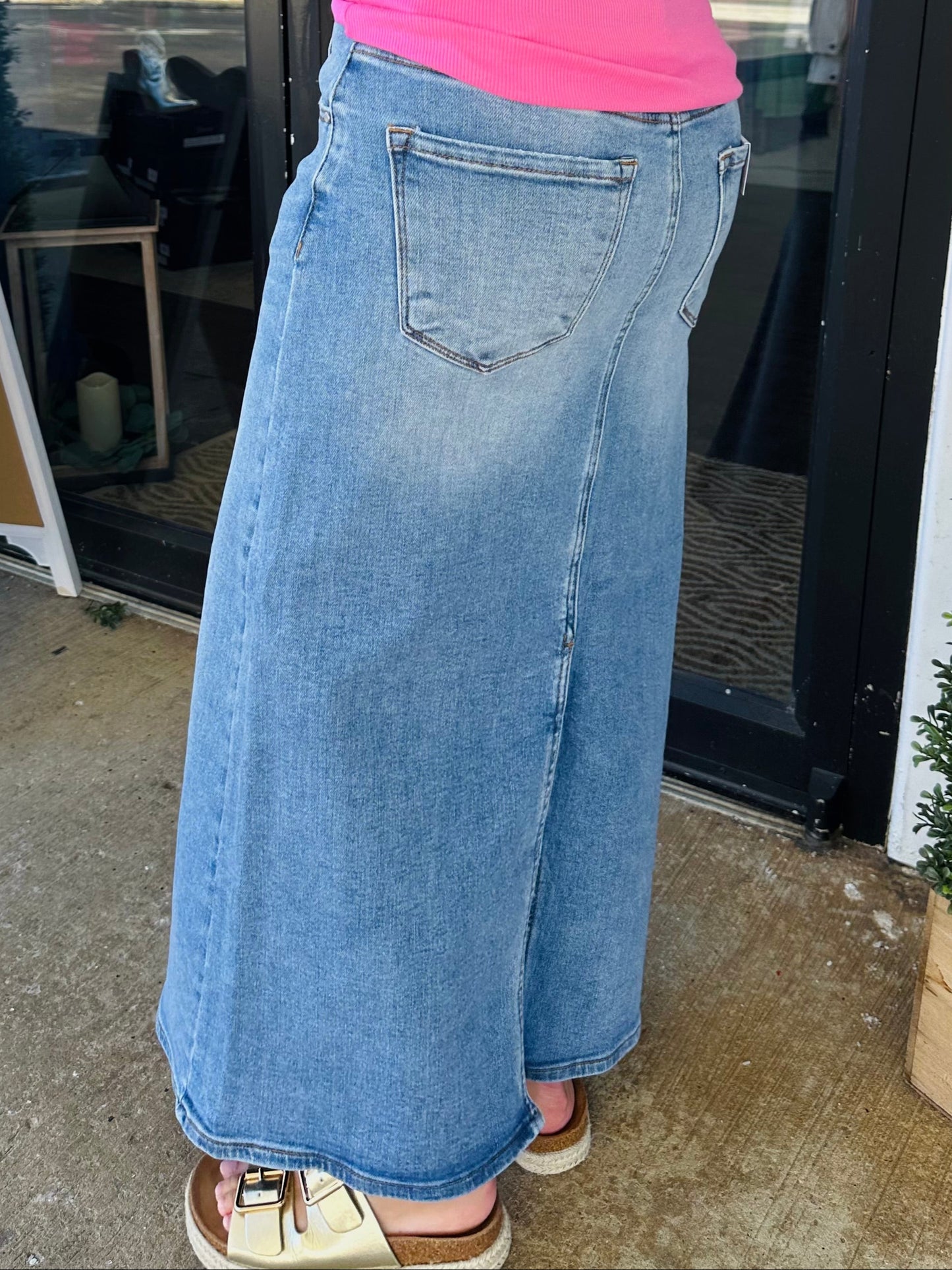 The Medium Wash High Rise Back Slit Long Denim Skirt