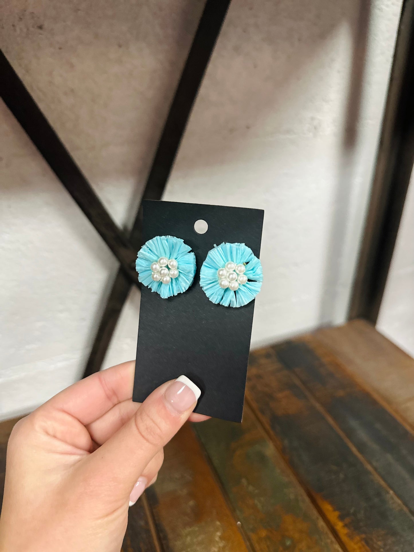 Pearl & Raffia Stud Earrings - Aqua