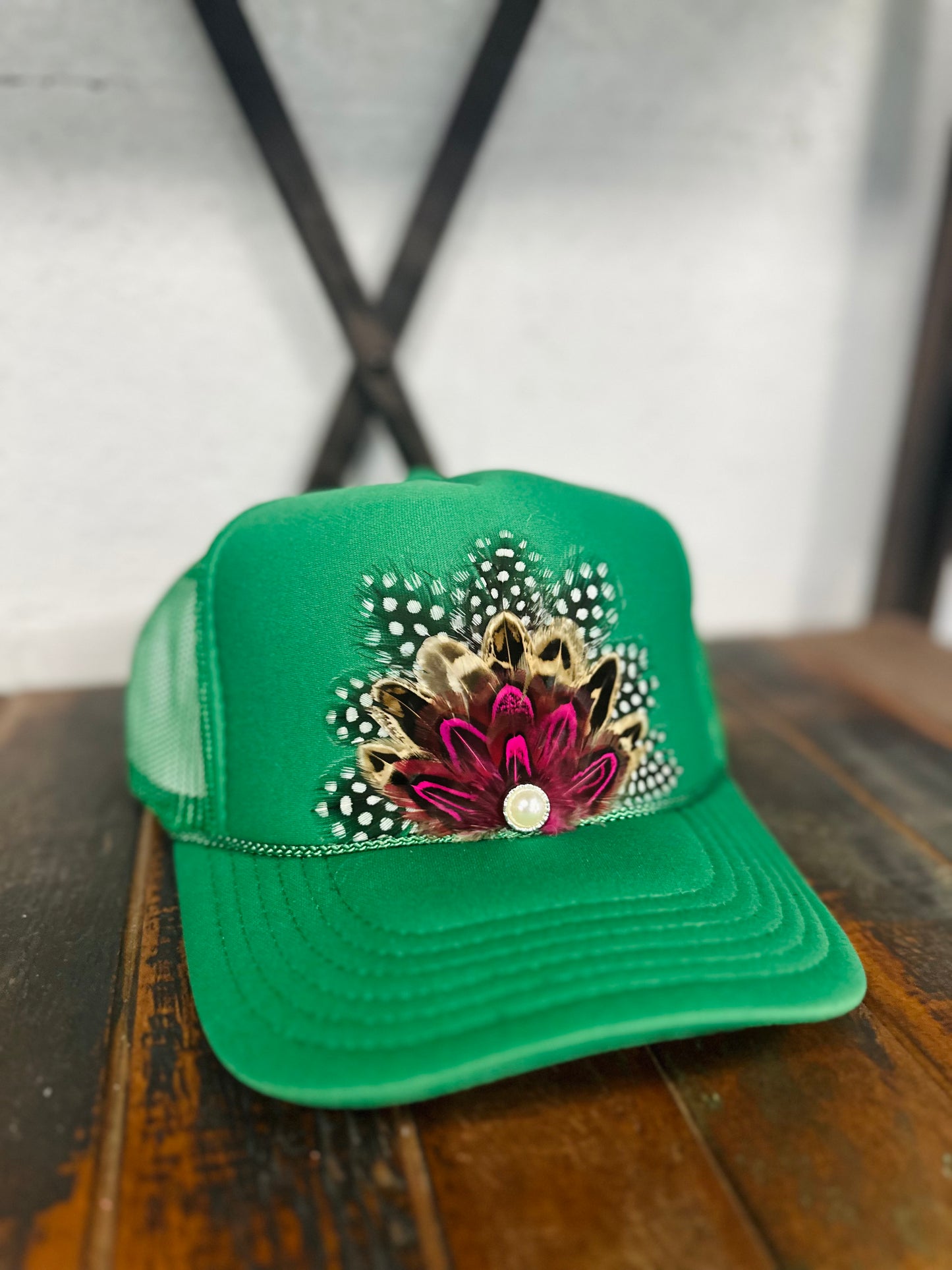 Green & Pink Feather + Pearl Trucker Hat