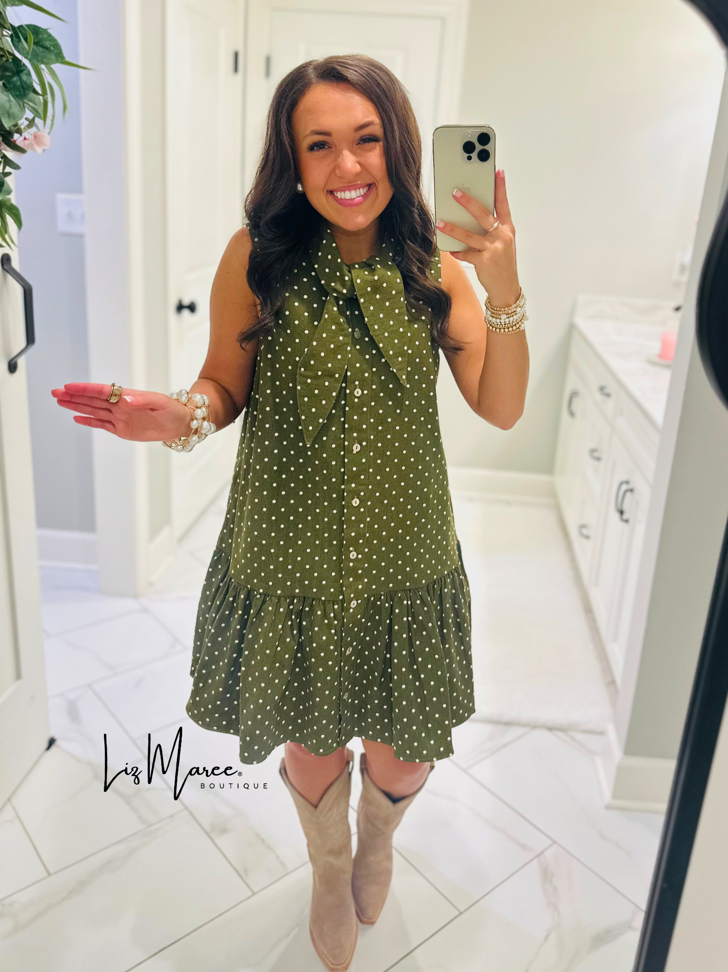 The Stella Olive Green Polka Dot Denim Dress