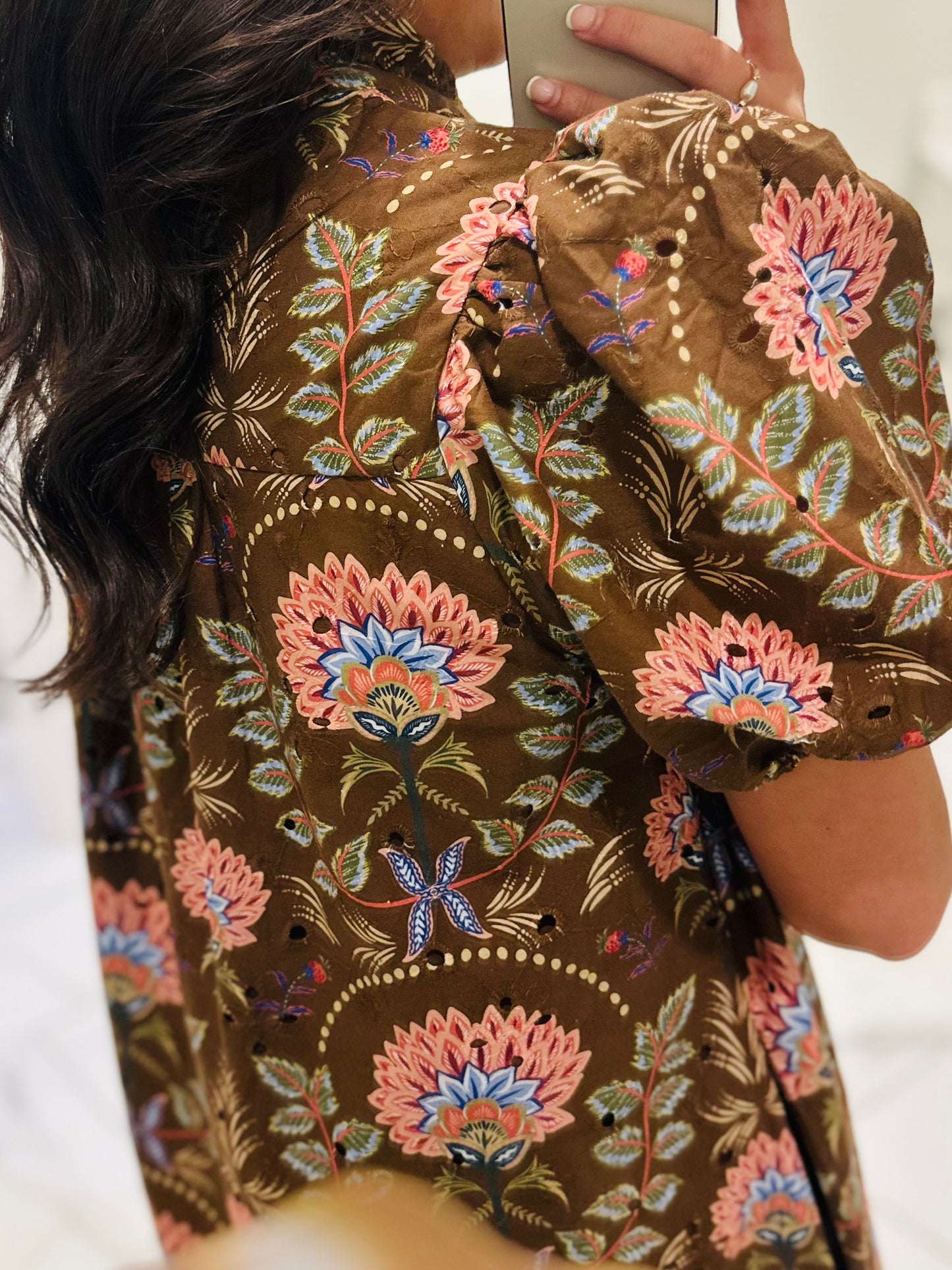 The Katherine Brown Floral Eyelet Midi Dress