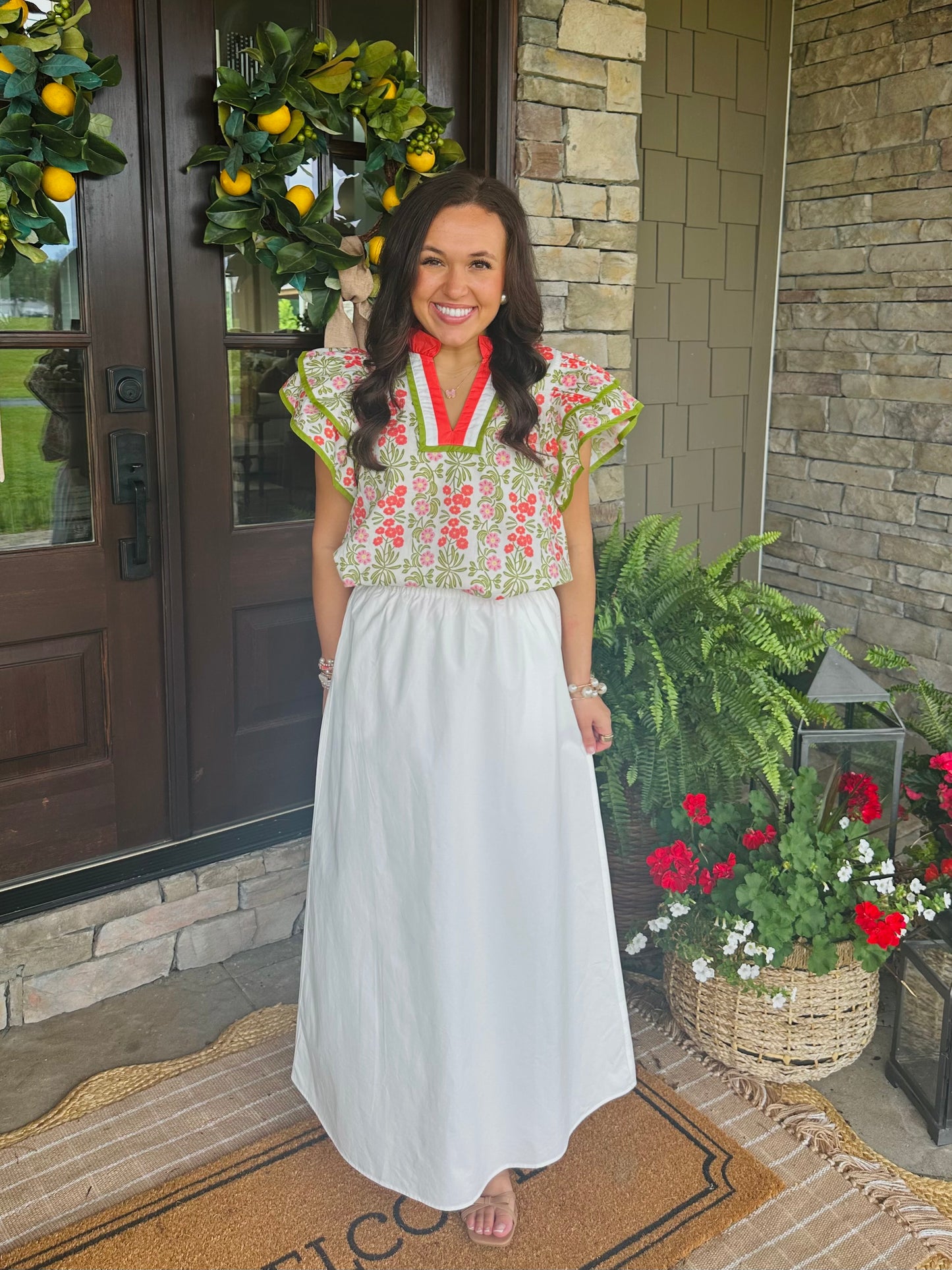 The Cora Green + Coral Floral Top