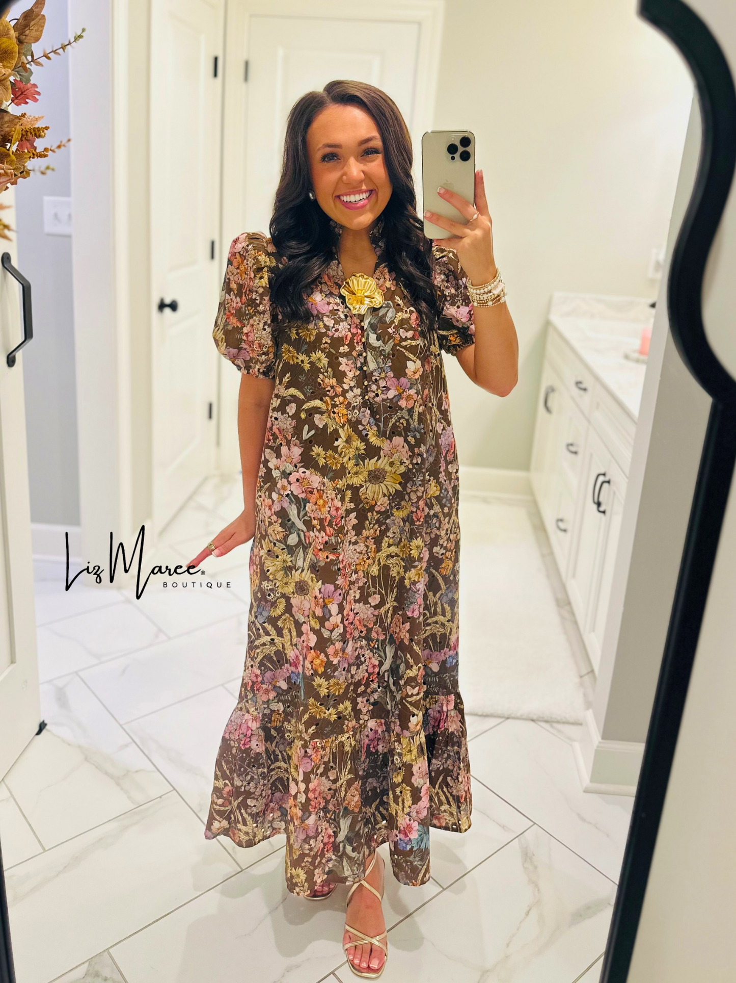 The Nadine Brown Floral Eyelet Midi Dress
