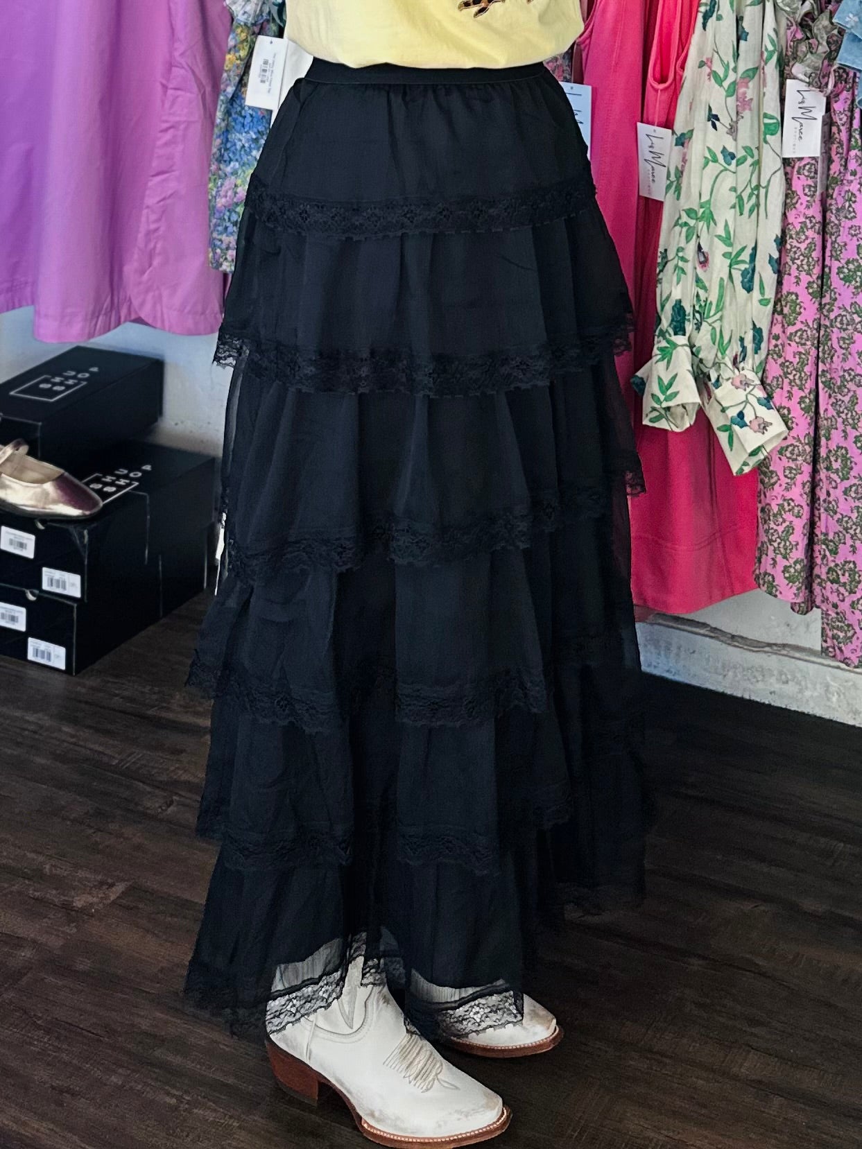 The June Black Tiered Chiffon Lace Trim Maxi Skirt