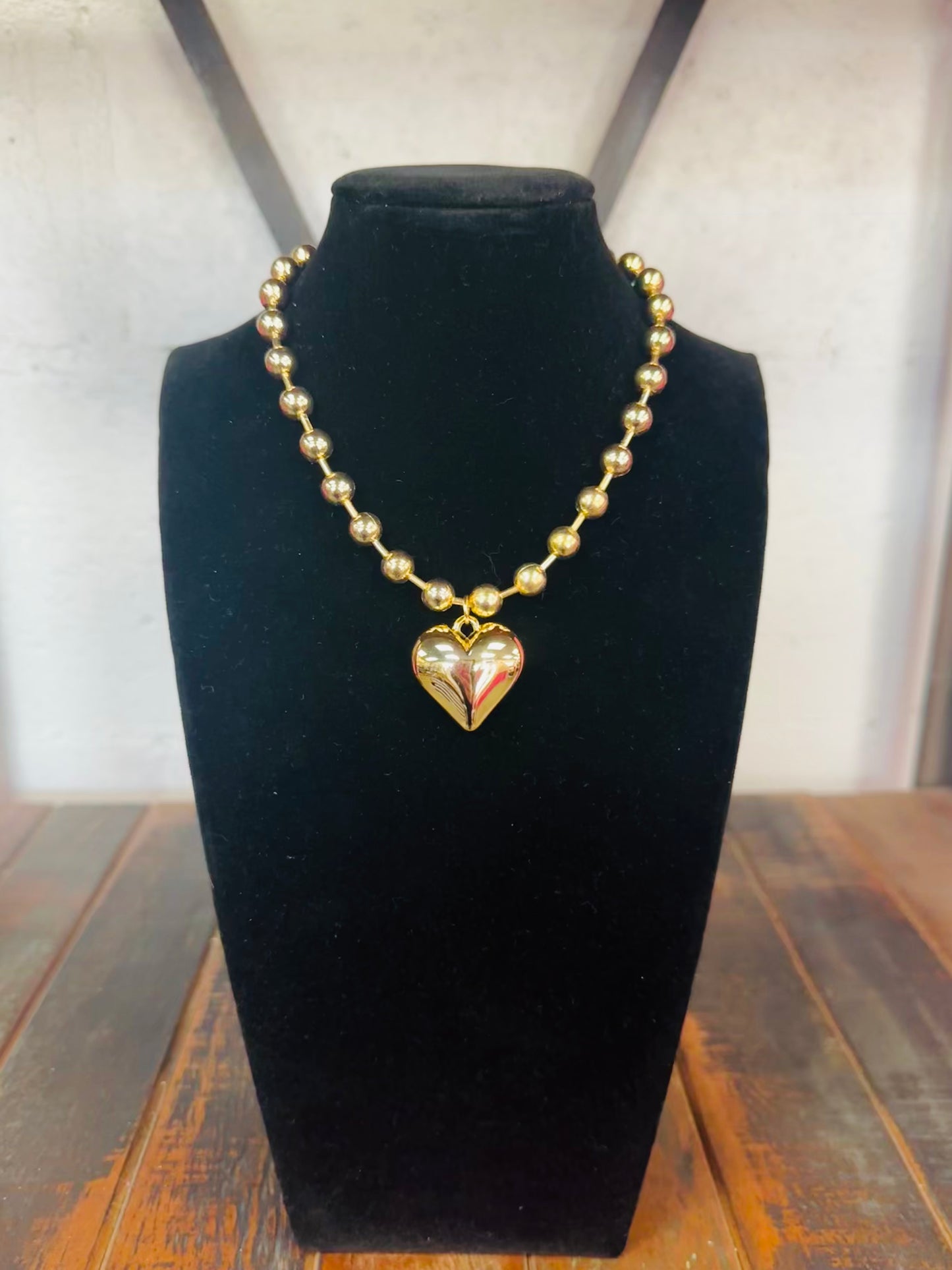 Gold Puffy Heart Beaded Necklace