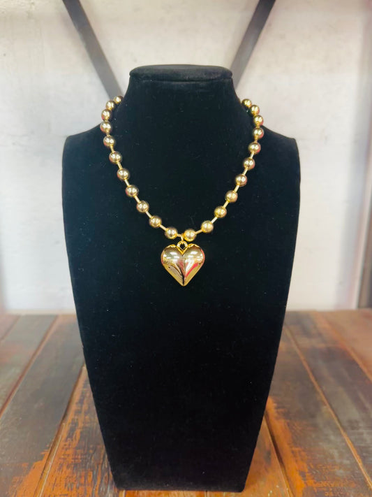 Gold Puffy Heart Beaded Necklace