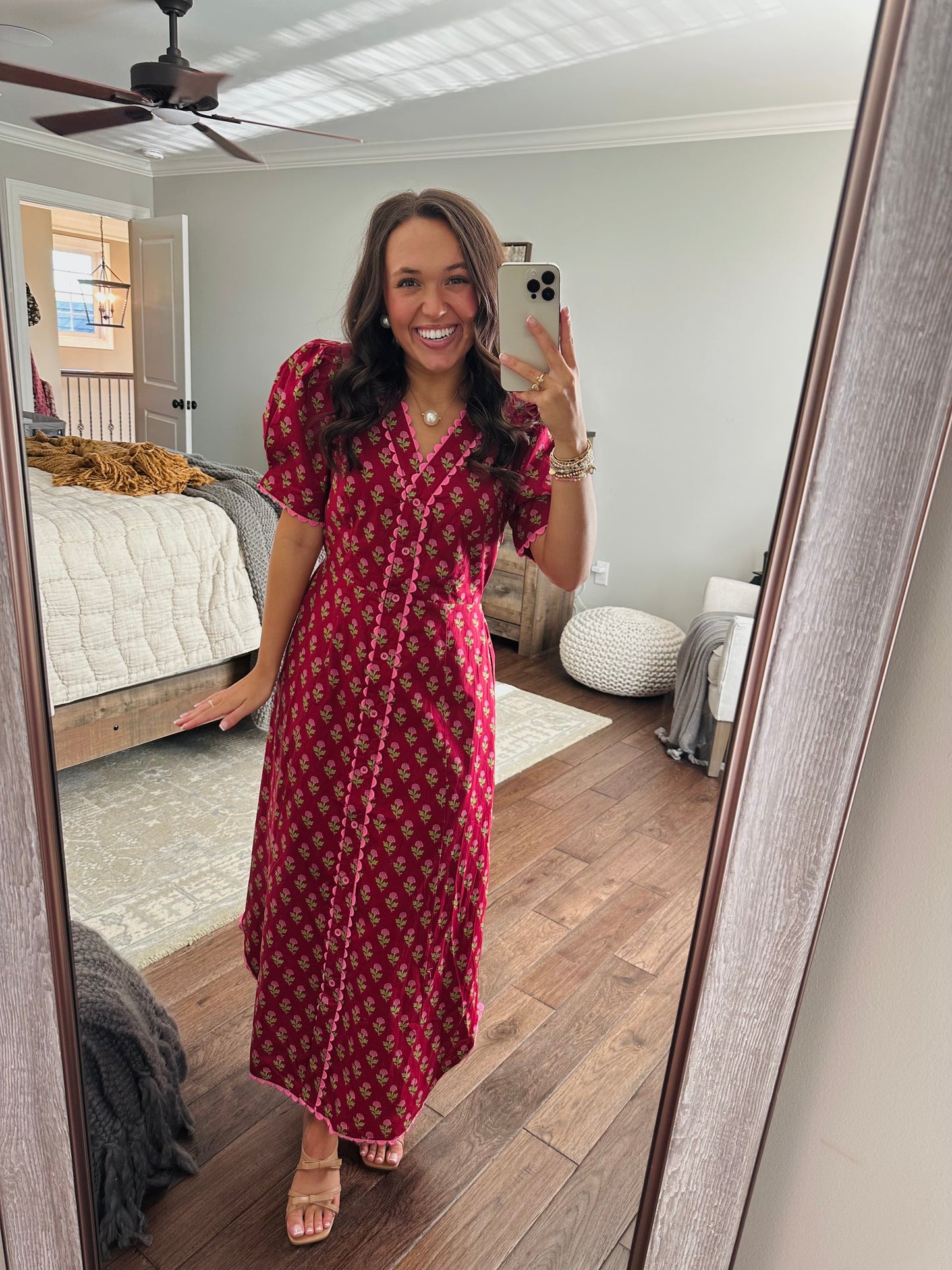 The Charlotte Burgundy Floral Scallop Trim Midi Dress