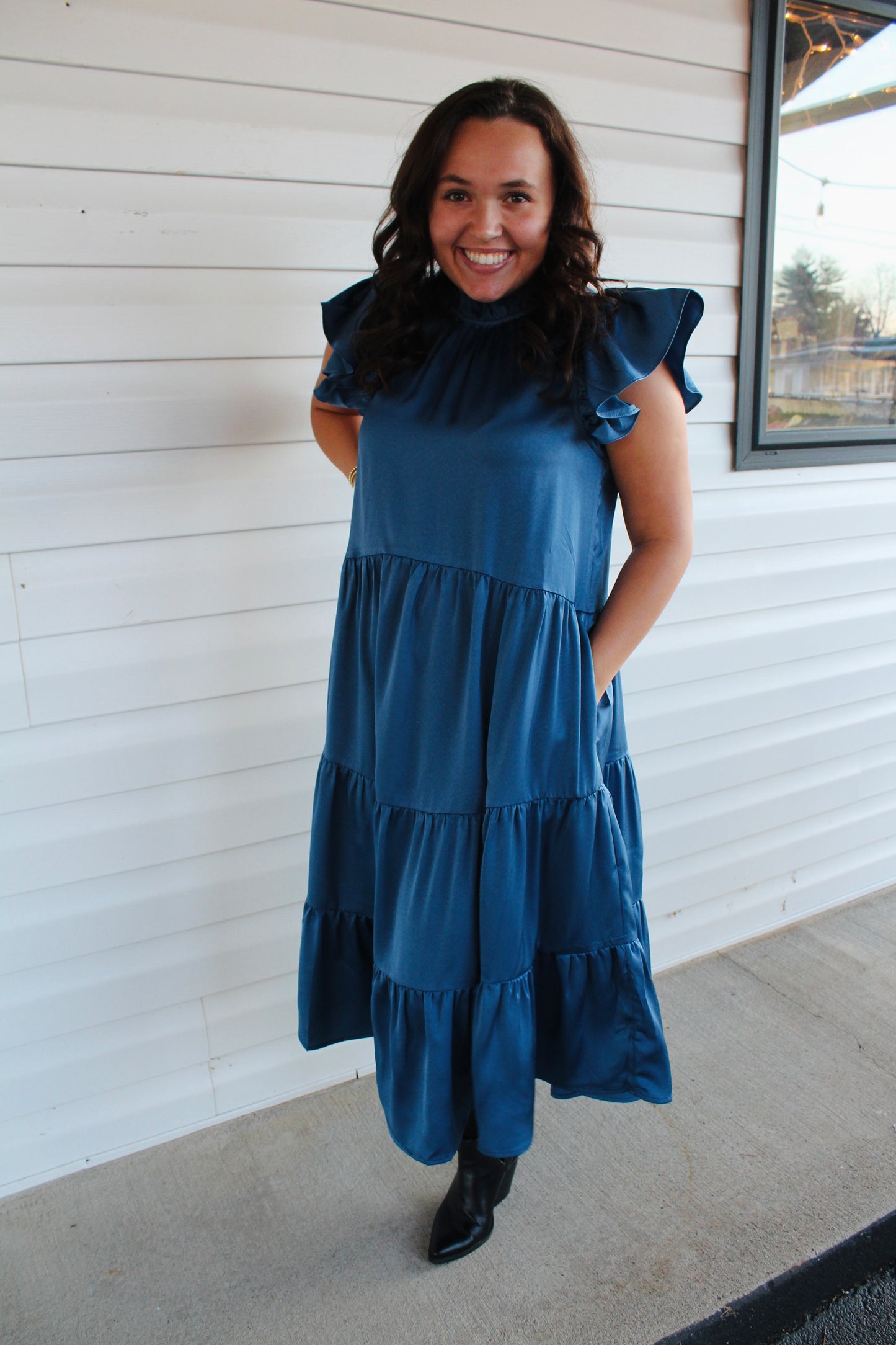 Vintage Blue Tiered Swing Midi Dress