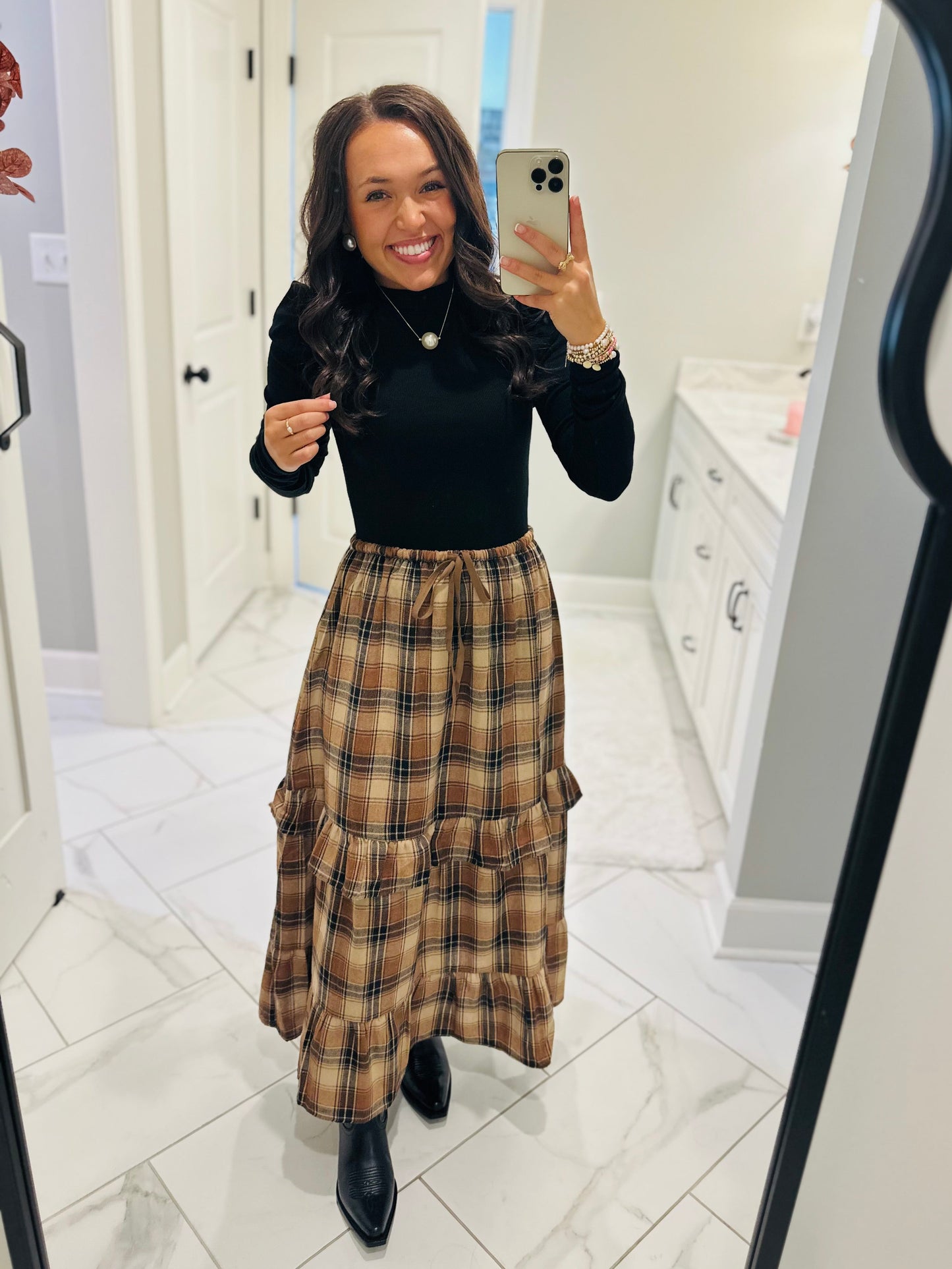 The Raine Mocha Plaid Ruffle Tiered Midi Skirt