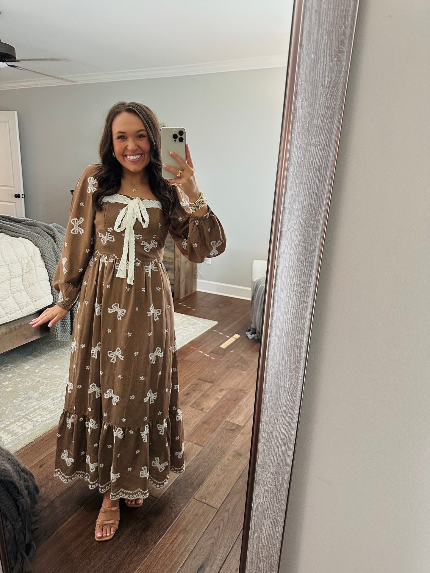 The Bruna Brown Bow Embroidered Midi Dress