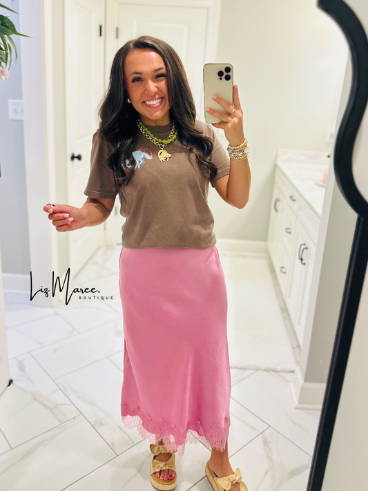 The Laney Pink Satin Lace Midi Skirt