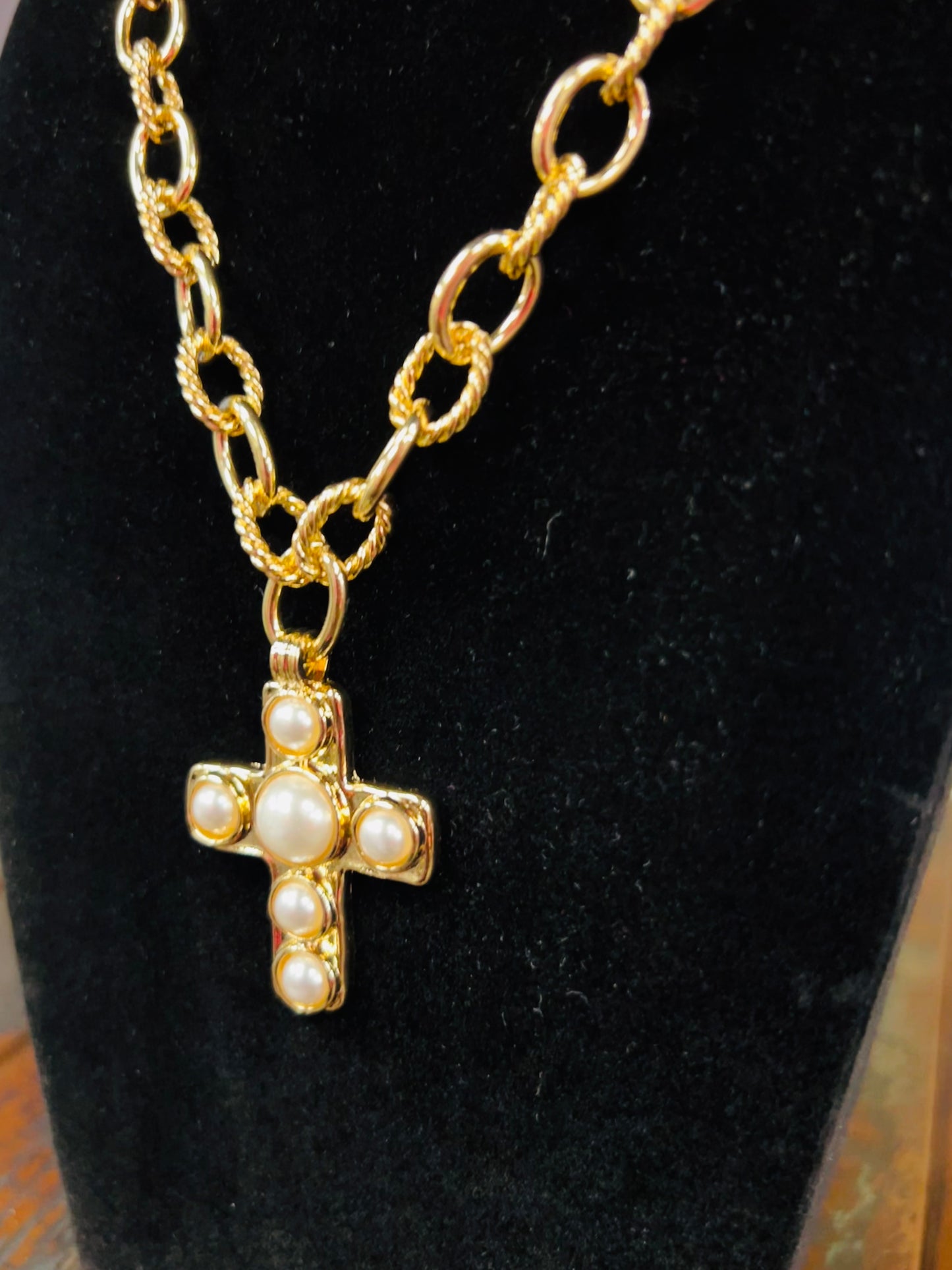 Gold Pave Pearl Cross Necklace