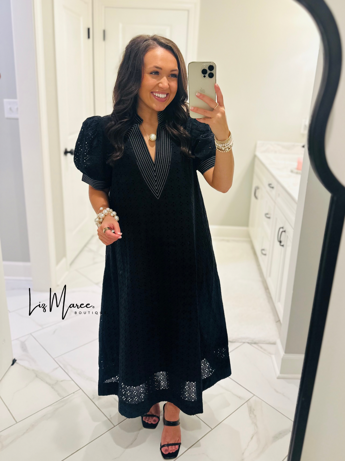 The Adley Black Eyelet Midi Dress