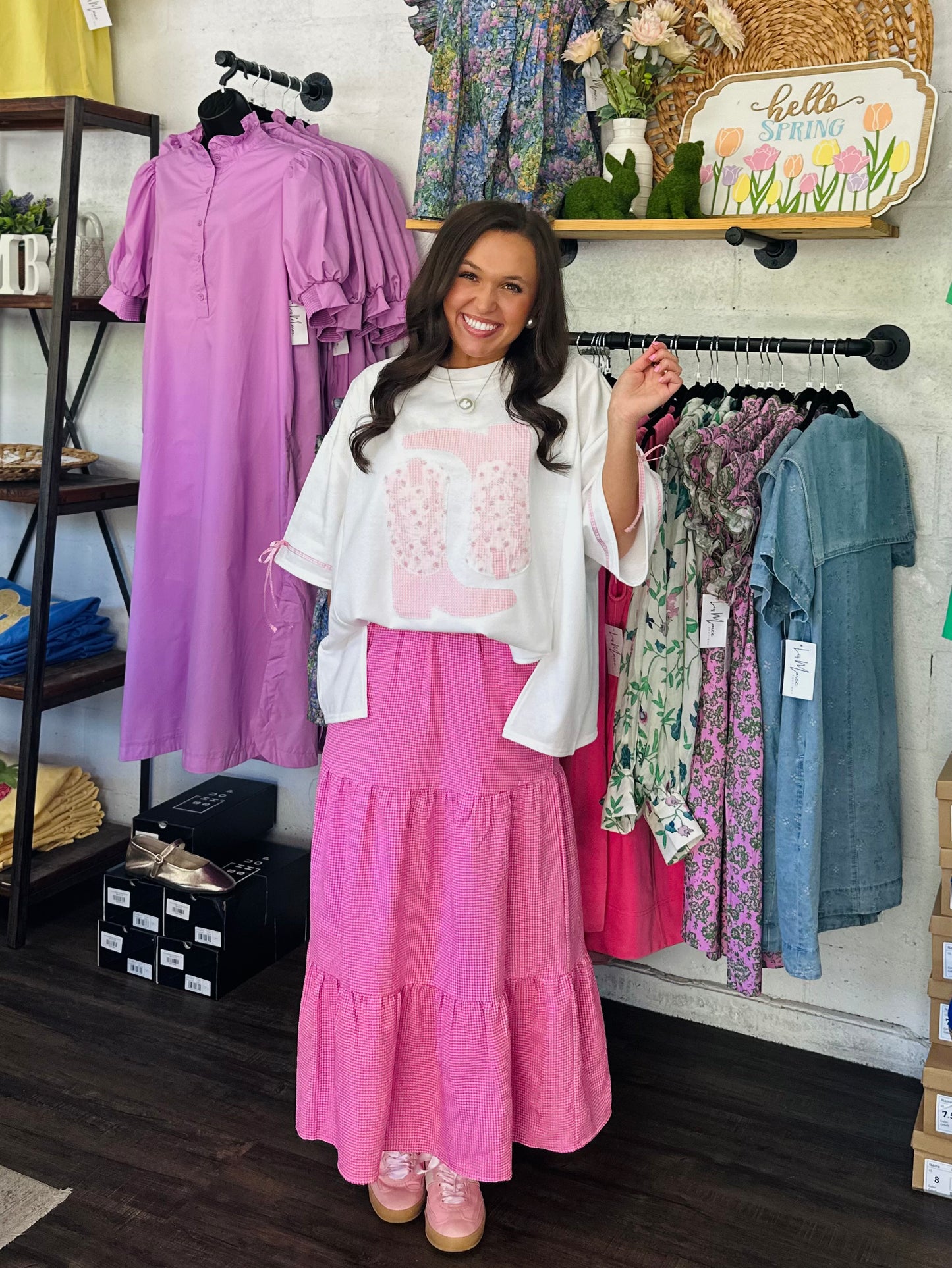 The Paisley Pink Patchwork + Gingham Cowboy Boot Tee