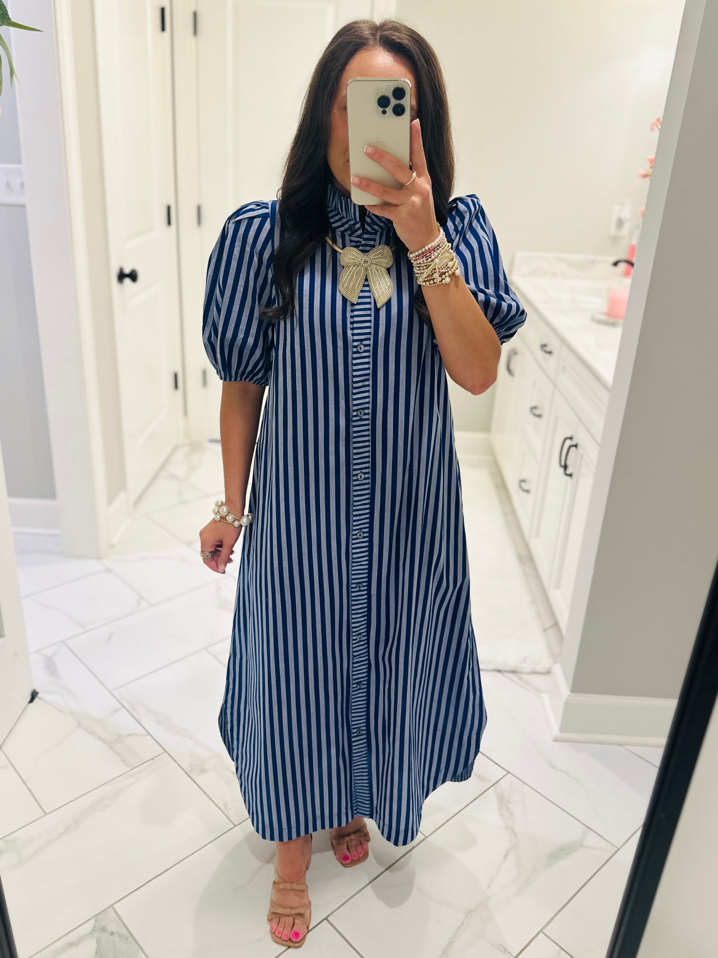 The Quinn Navy Blue Striped Midi Dress