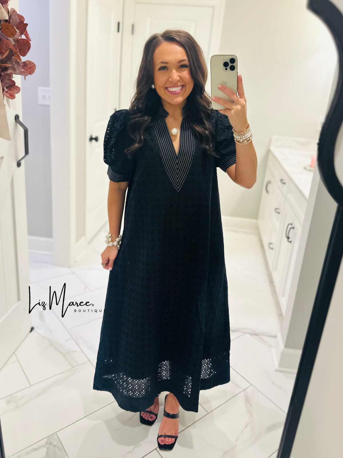 The Adley Black Eyelet Midi Dress