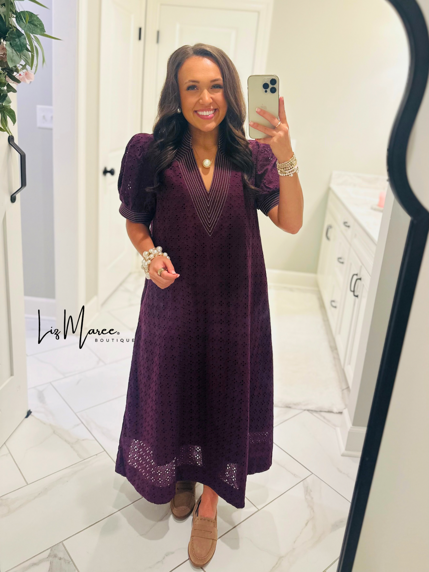The Adley Merlot Eyelet Midi Dress
