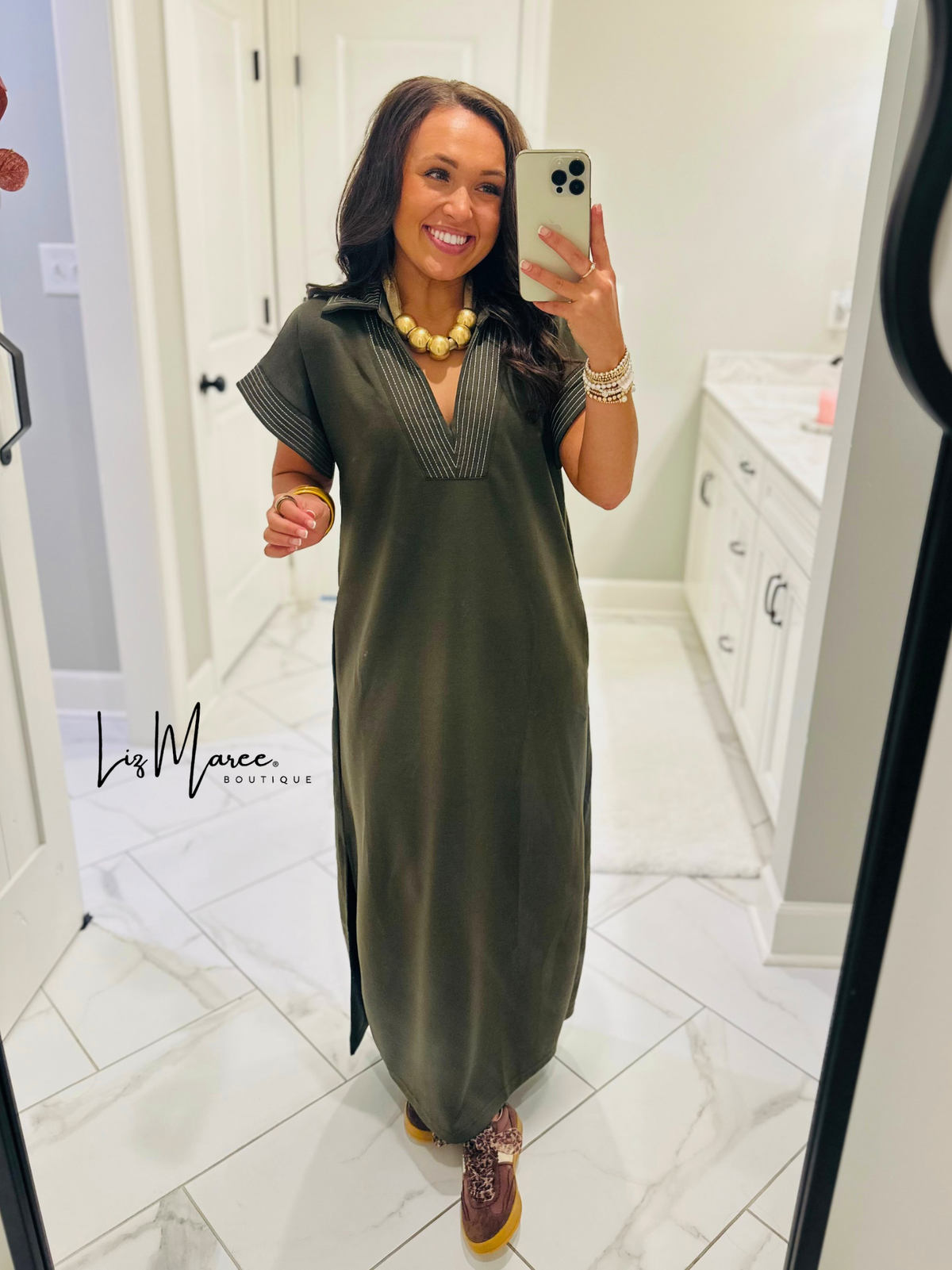 The Parker Olive Collared Stitch Midi Dress