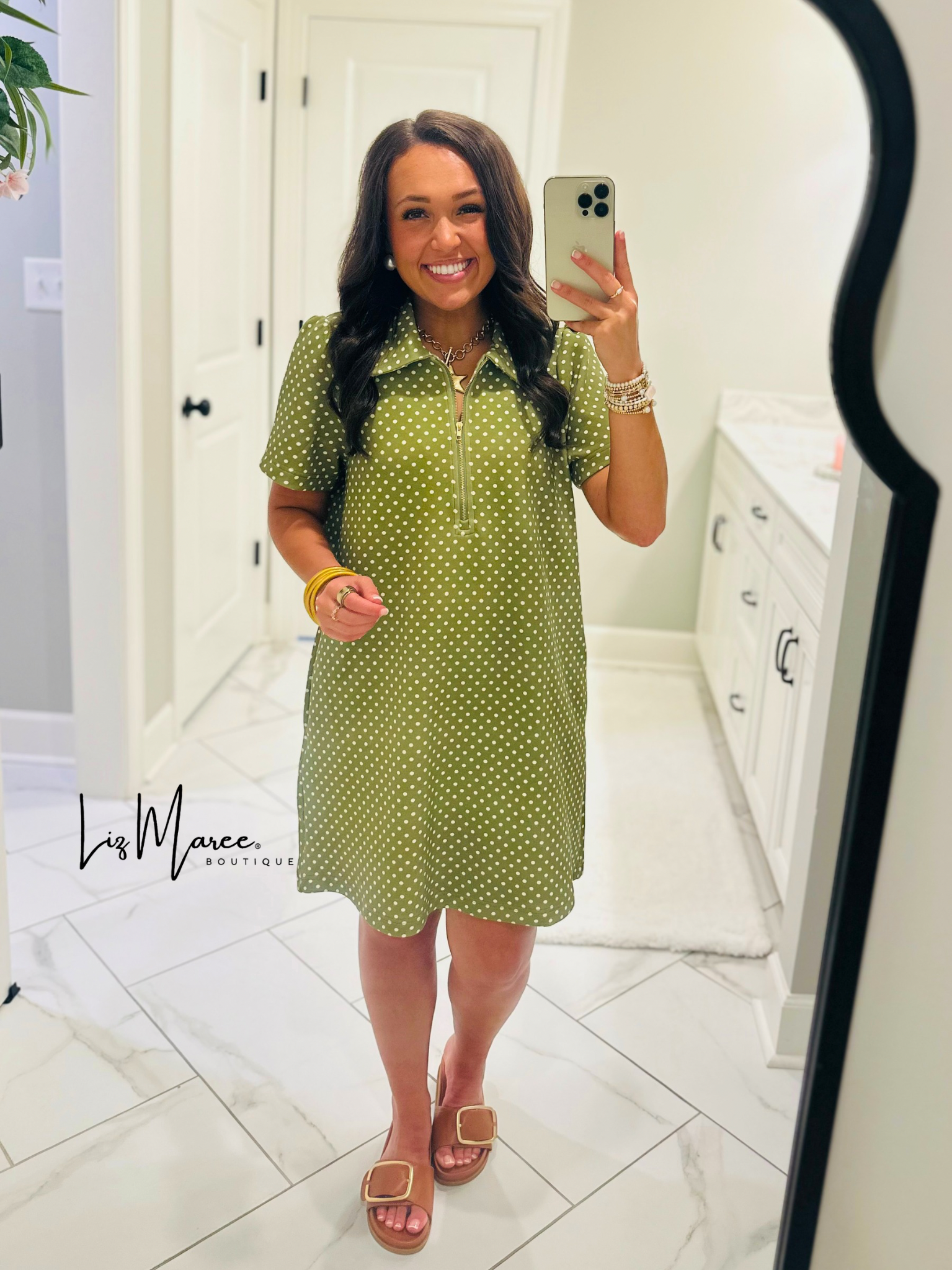 The Hadley Olive Green Polka Dot Quarter Zip Dress – Liz Maree Boutique