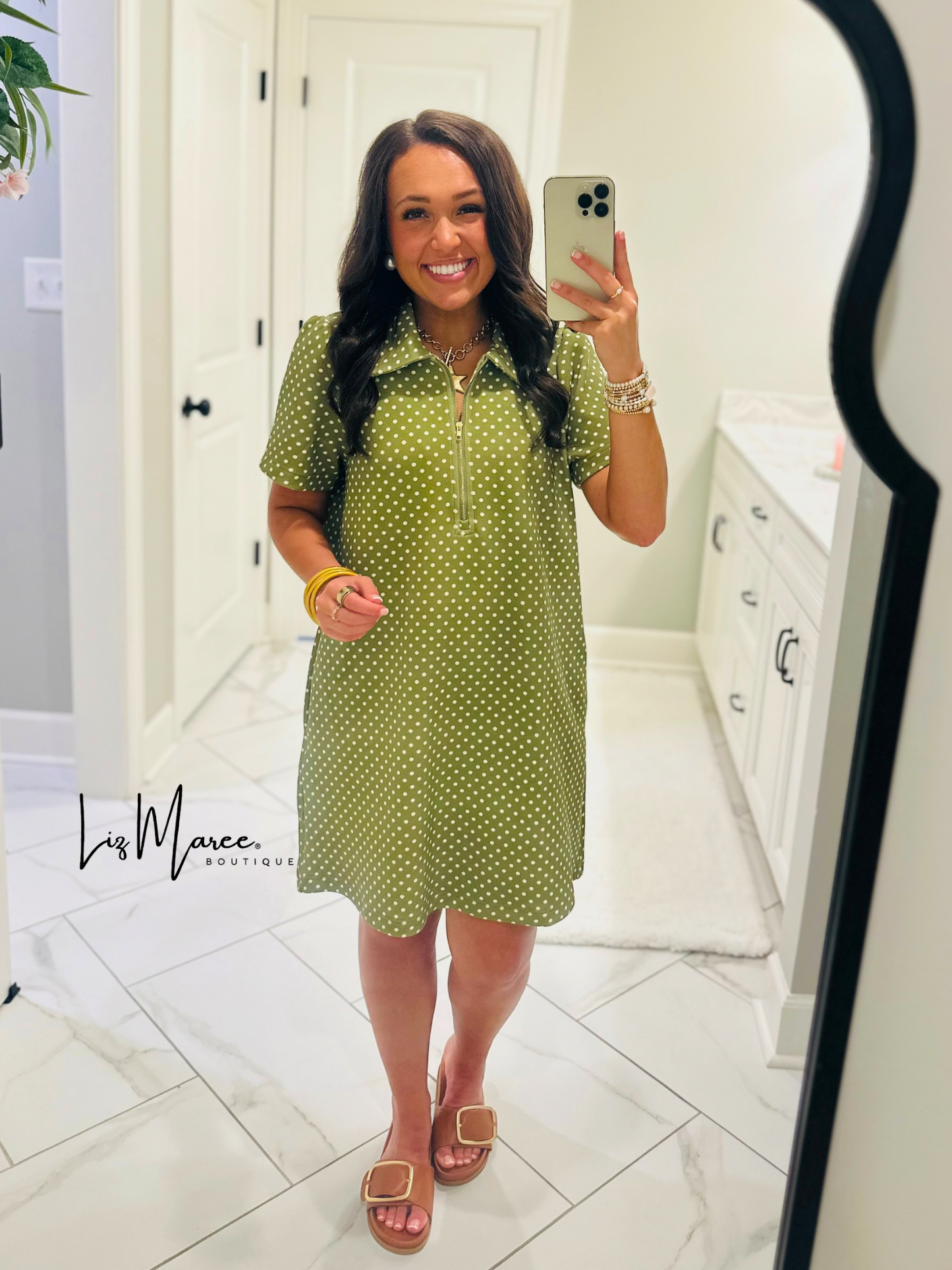 The Hadley Olive Green Polka Dot Quarter Zip Dress