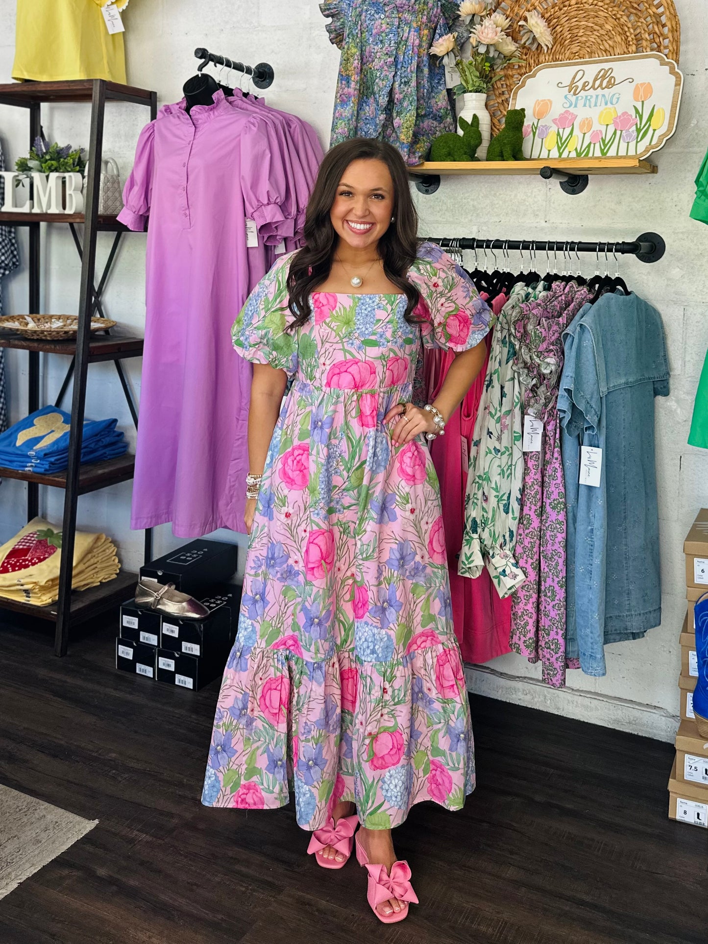 The Danyale Pink Floral Bow Midi Dress