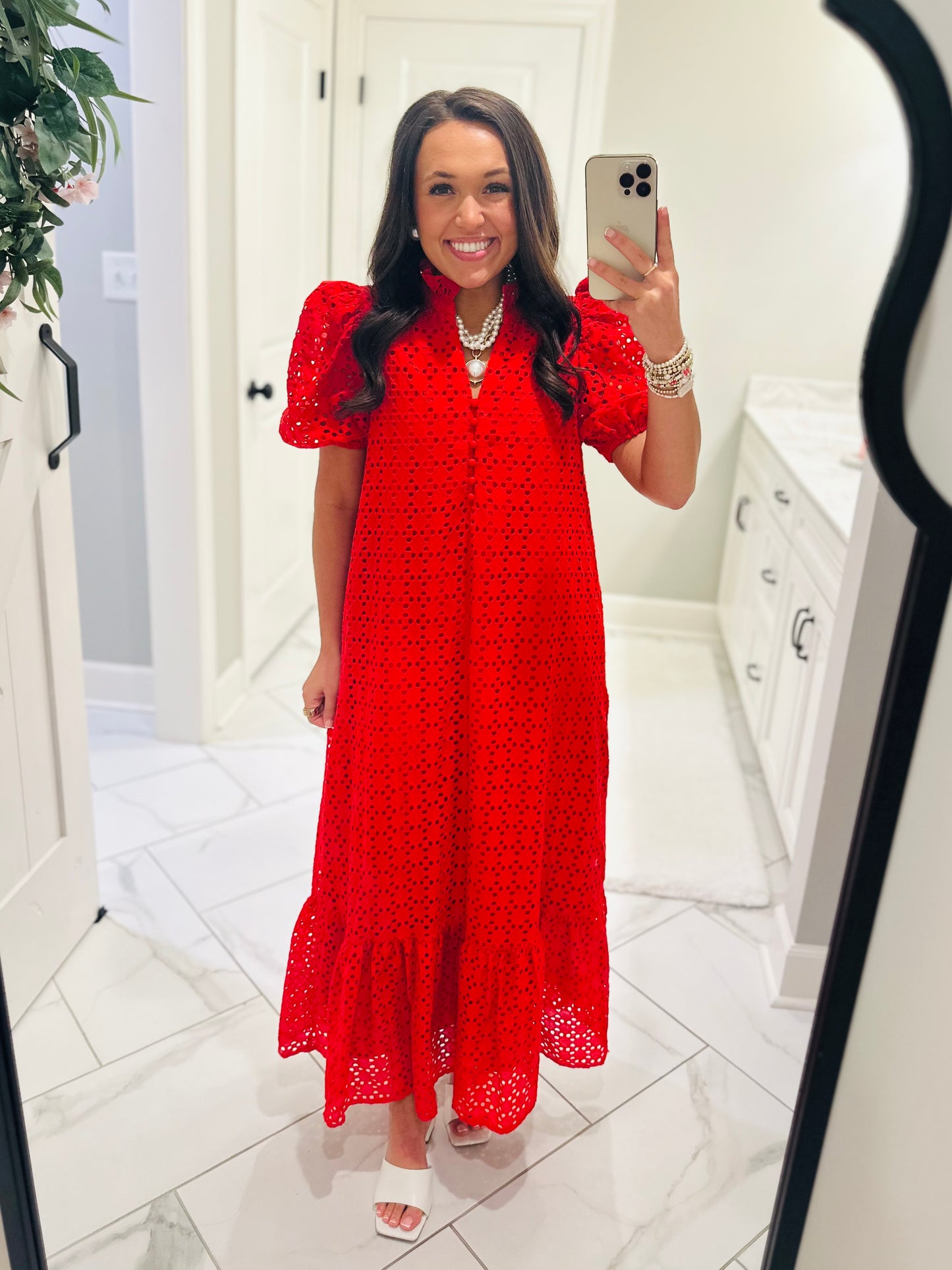 The Liz Red Eyelet Midi Dress
