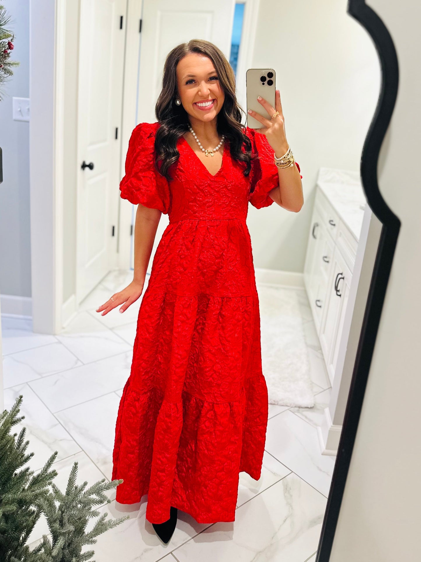 The Aria Red Jacquard Maxi Dress