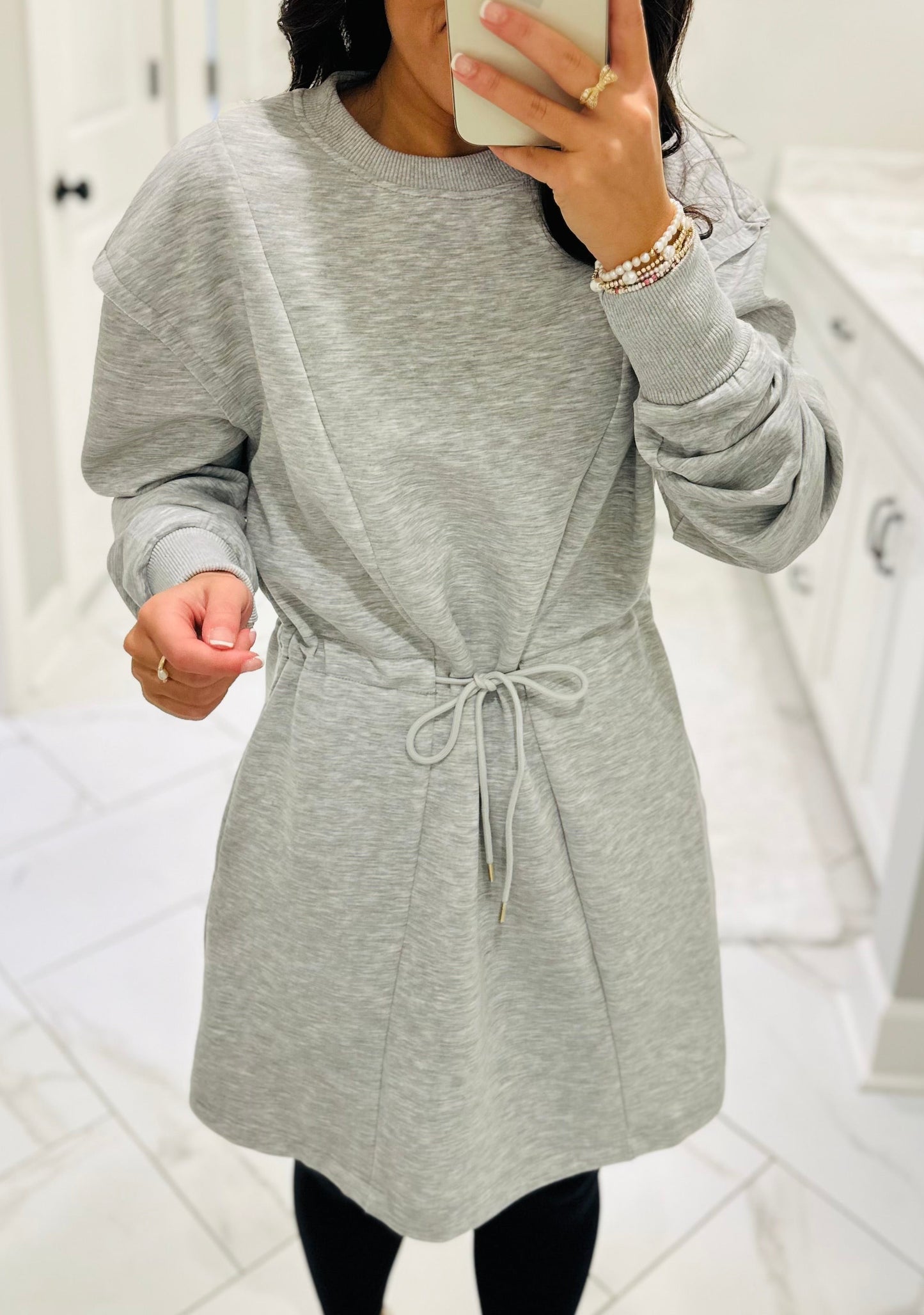 The Heather Grey Jersey Knit Longsleeve Drawstring Dress