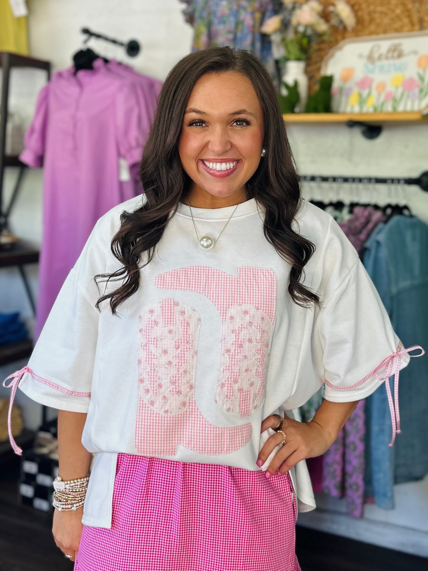 The Paisley Pink Patchwork + Gingham Cowboy Boot Tee