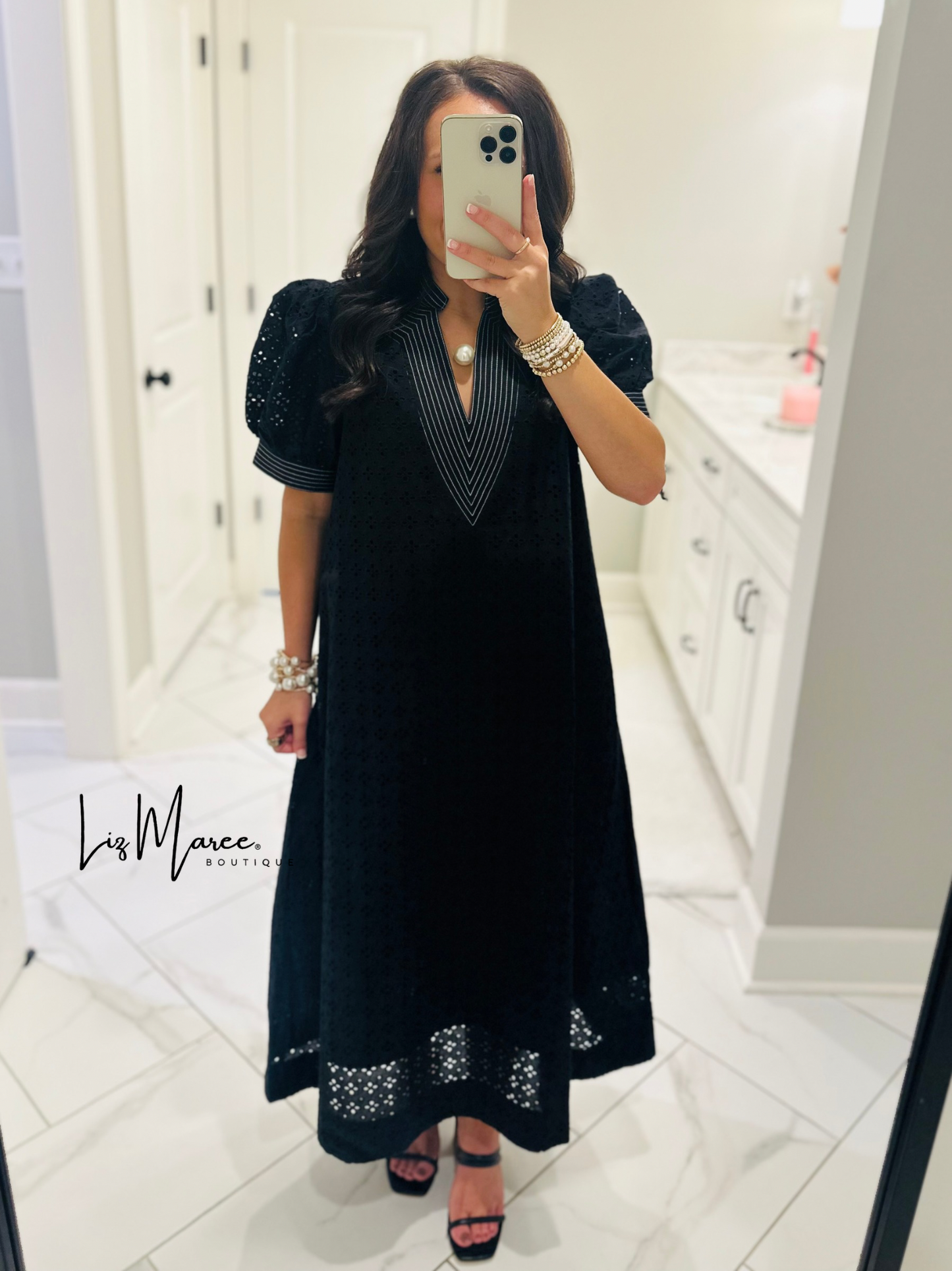 The Adley Black Eyelet Midi Dress