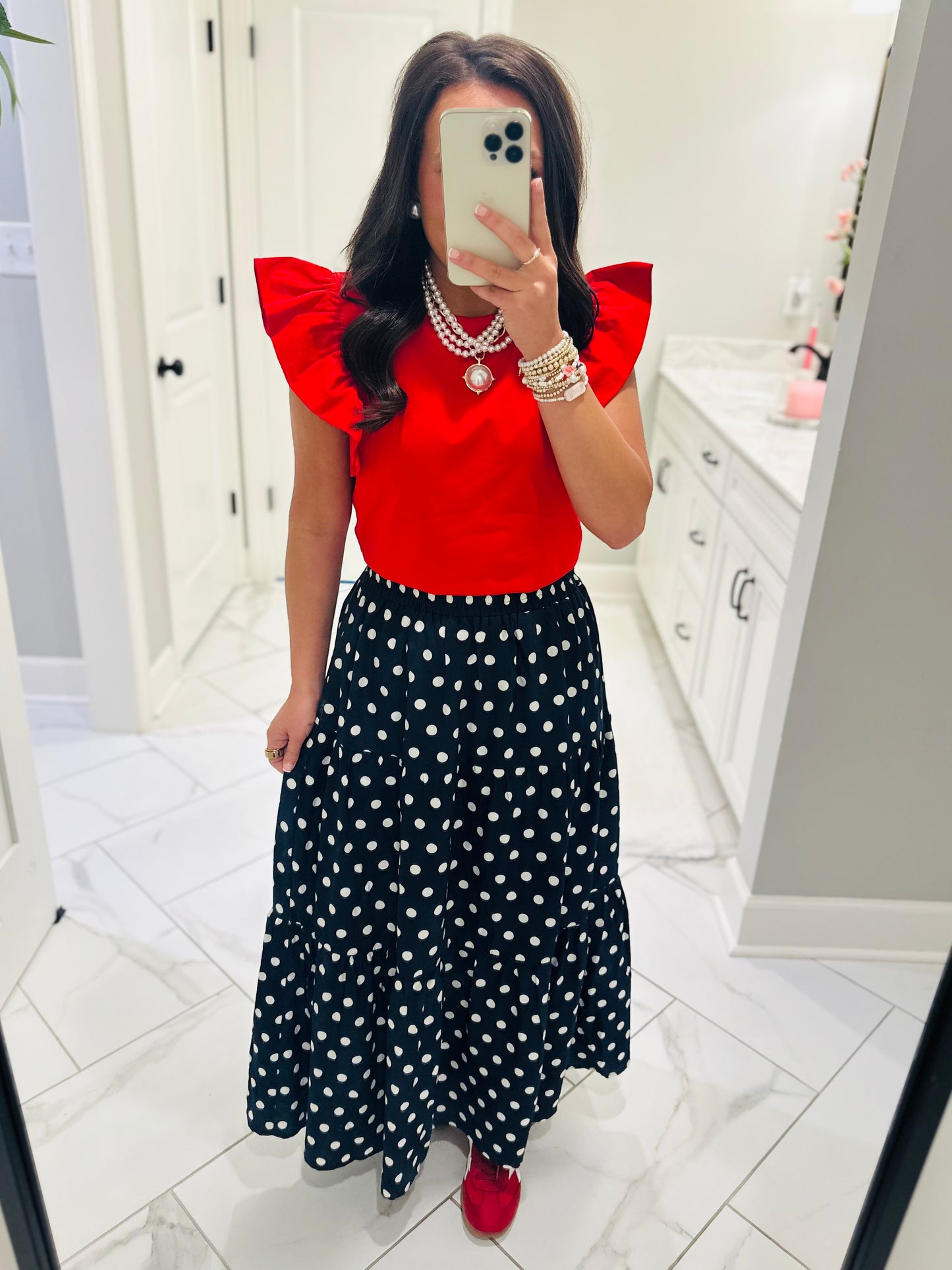 The Nanci Navy Polka Dot Tiered Midi Skirt
