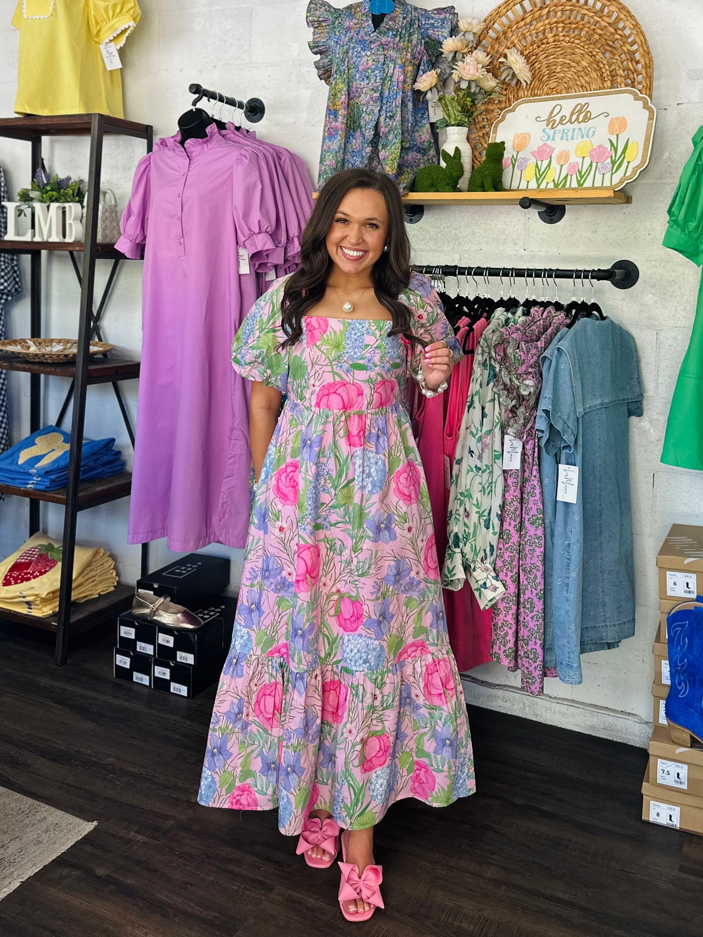 The Danyale Pink Floral Bow Midi Dress