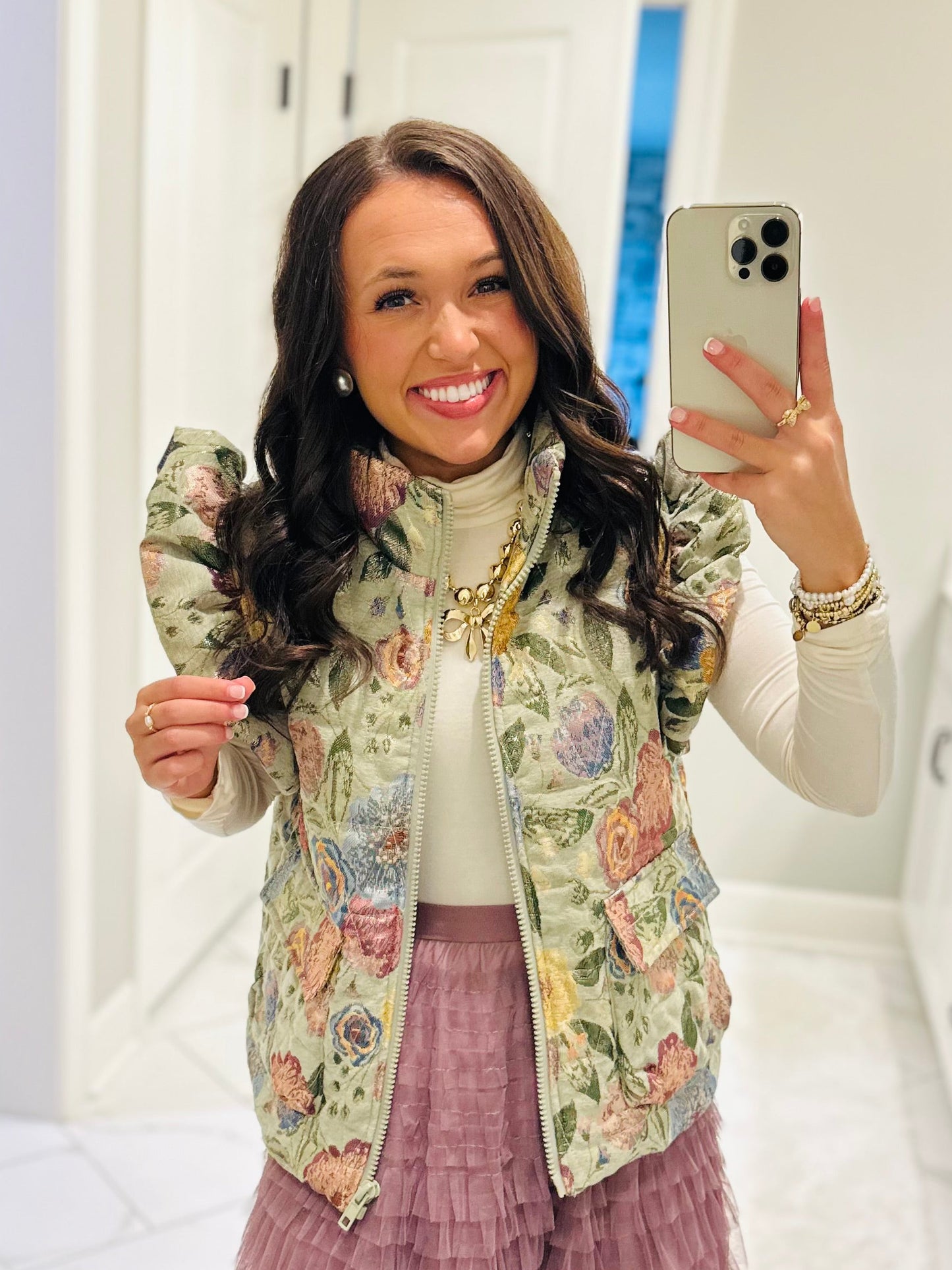 The Everlee Olive Green Floral Metallic Quilted Vest