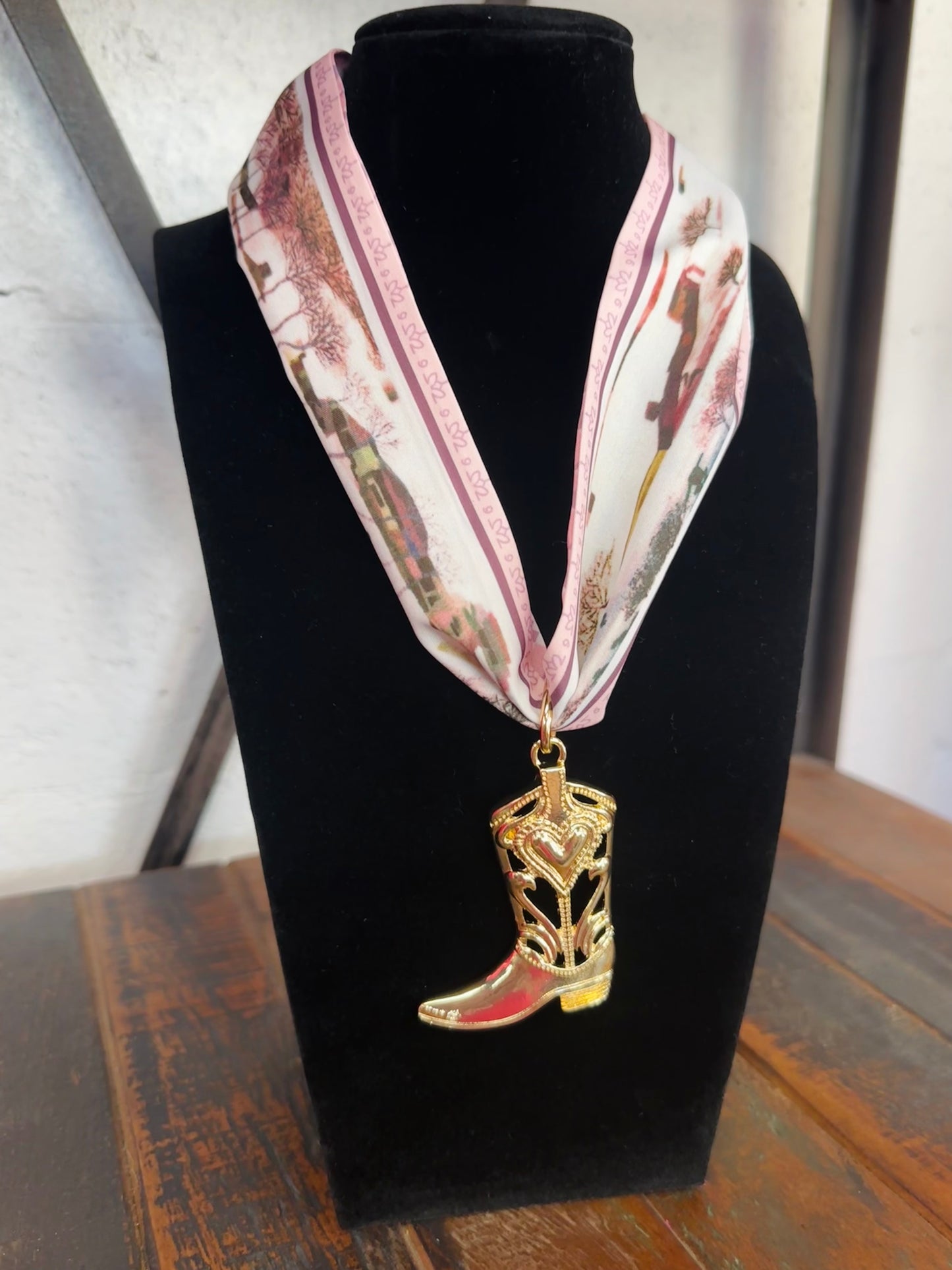 Pink Floral Silk Scarf + Gold Boot Pendant Necklace
