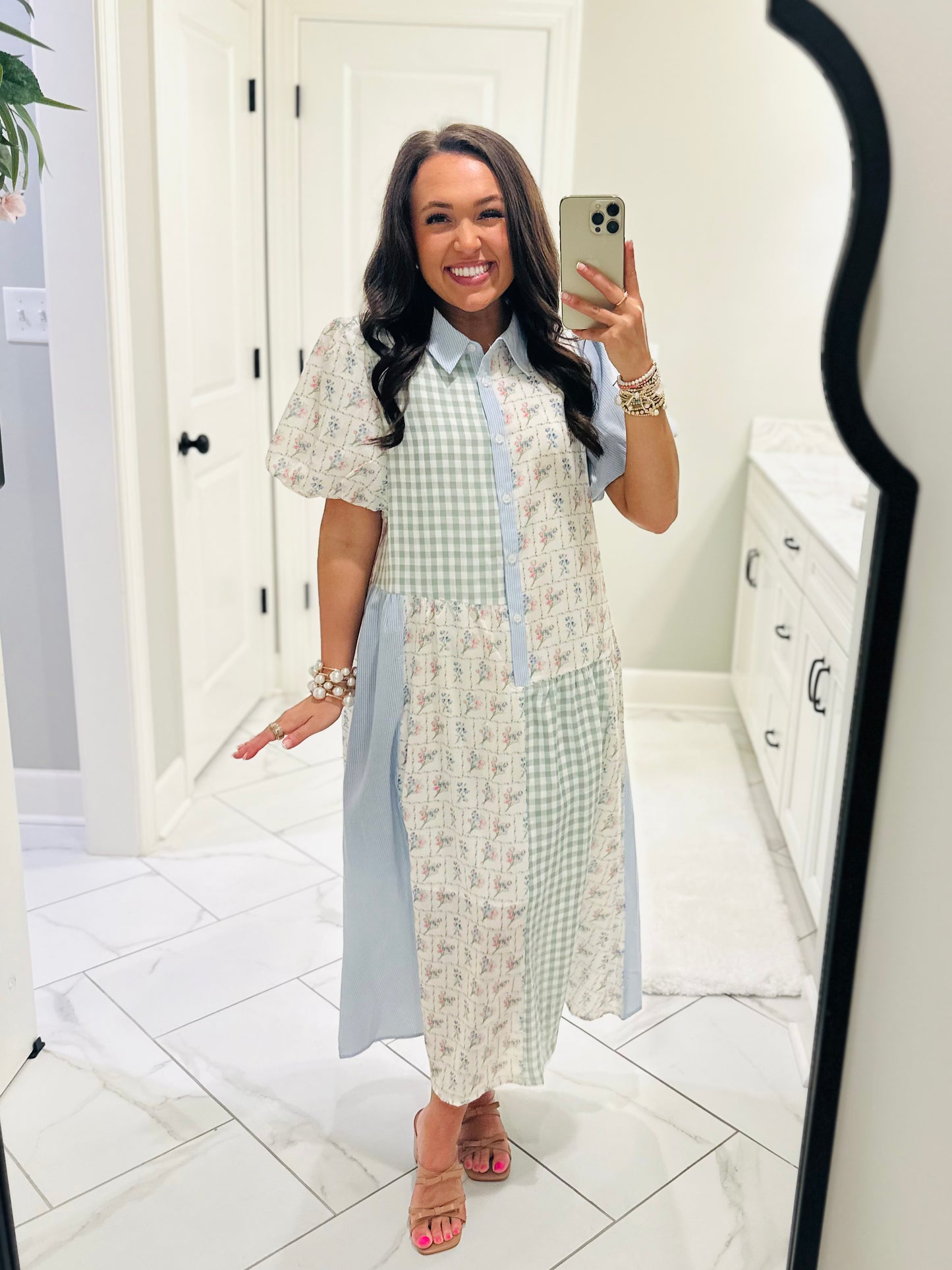 The Mae Blue + Mint Patchwork Midi Dress